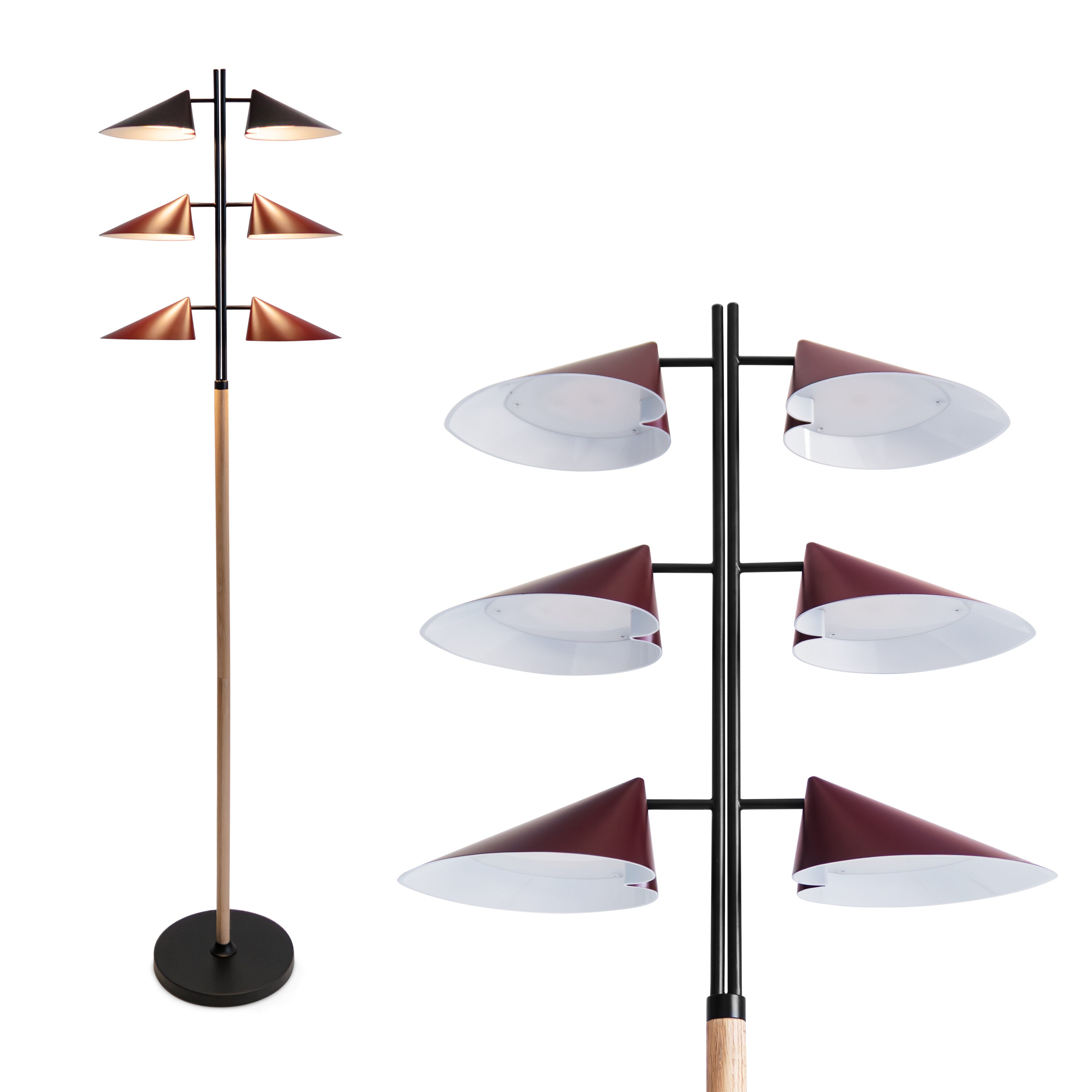 Brightech 65-in Ivo Oak Wood LED Floor Lamp with Red Shades