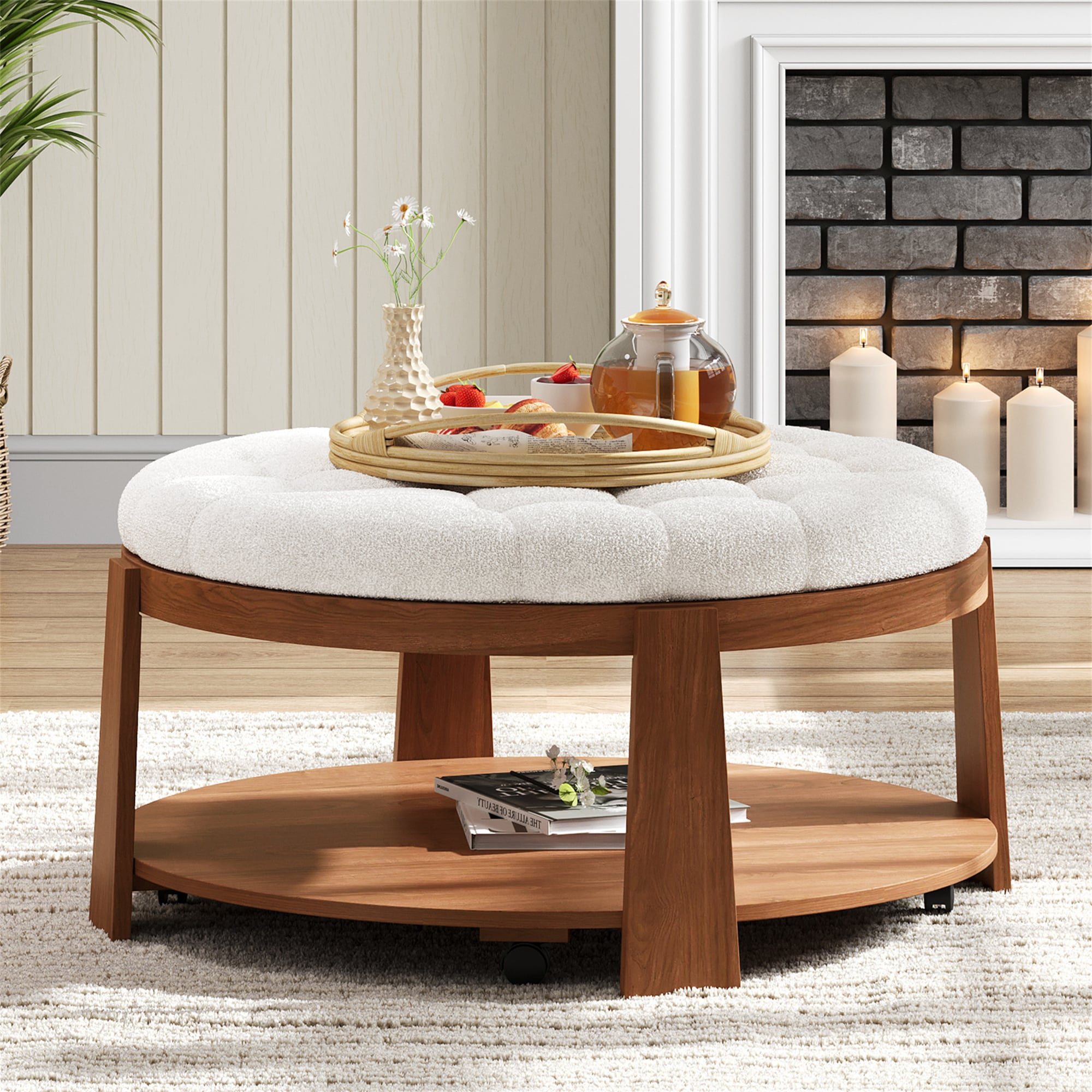 ModernLuxe L3P-N735P180224K Modern Large Round Ottoman Coffee Table 2Tier Oversized Button Tufted Ottoman with Wood Shelf Storage Upholstered Coffee Table for Living Room Footrest Ottoman with wheel waterproof Linen