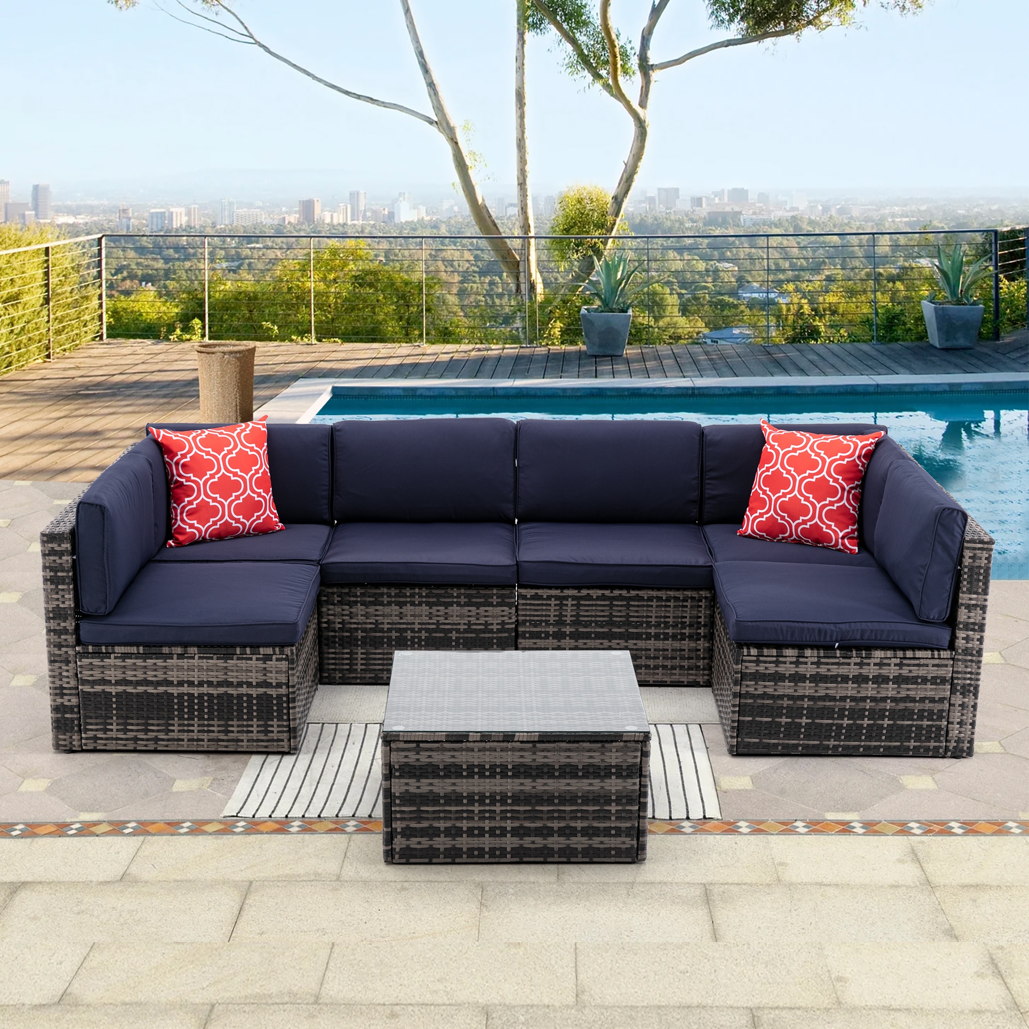 Bayfeve BF-0027HF 7pcs Outdoor Garden Patio Furniture PE Rattan Wicker Sectional Cushioned Sofa Set 7 -Piece Wicker Patio Sofa Conversation Set with Blue Cushions