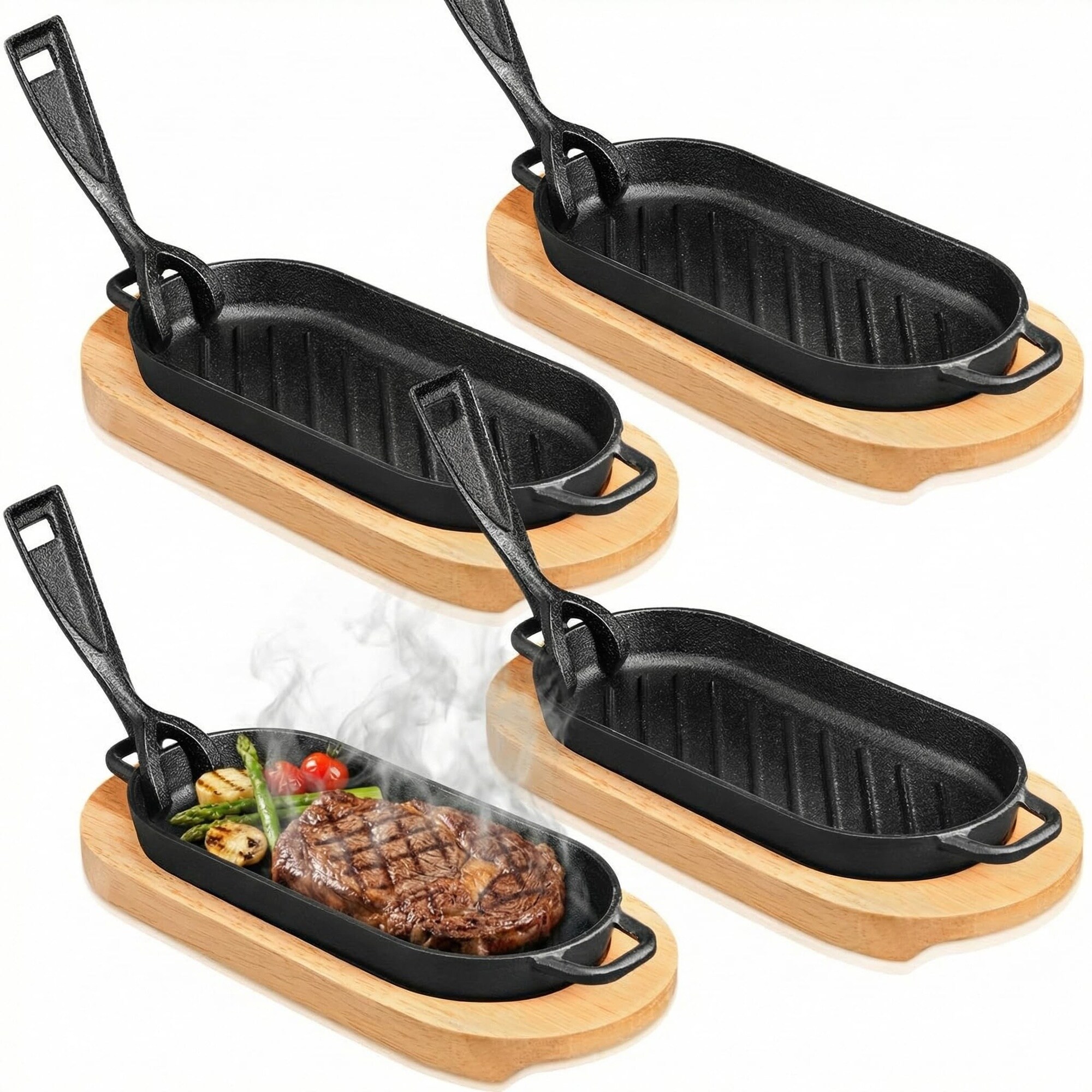 DHMHD  4 Piece Cast Iron Fajita Skillet Pan Set with Wooden Base and Removable Handle for Home Kitchen Cooking Eight Point Six Six by Four Point