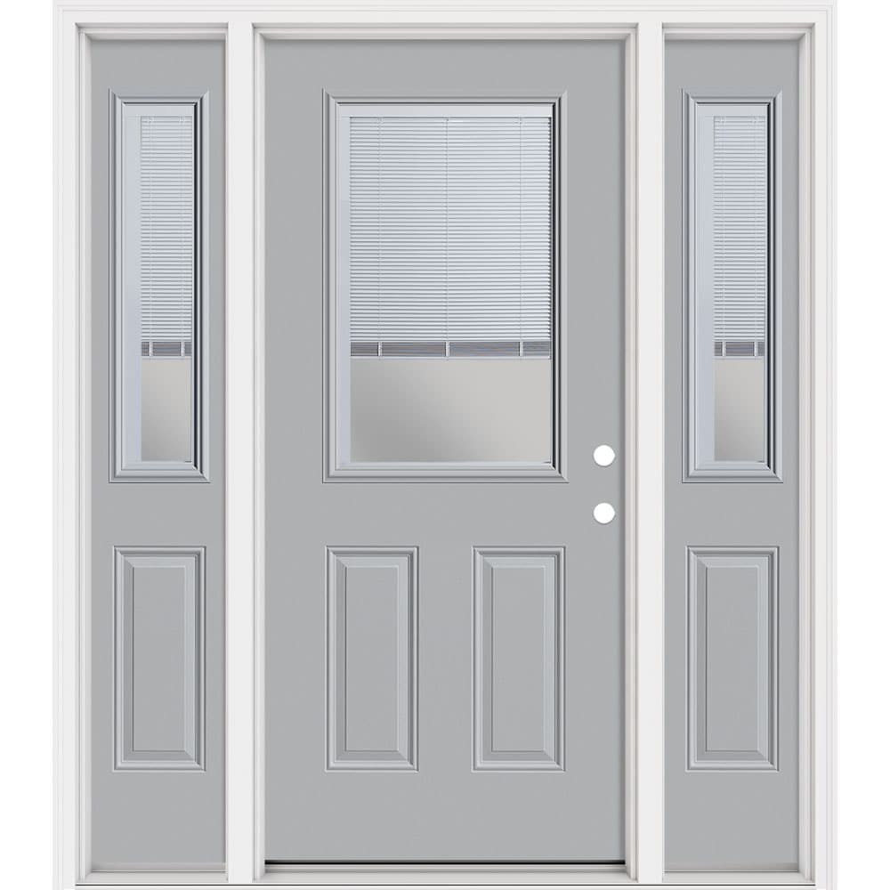 Masonite 321505 Steel Doors Series 64-in x 80-in x 4-9/16-in Steel Half lite Left-hand inswing Infinity Gray Painted Prehung Front Door with Sidelights with Brickmould Insulating core