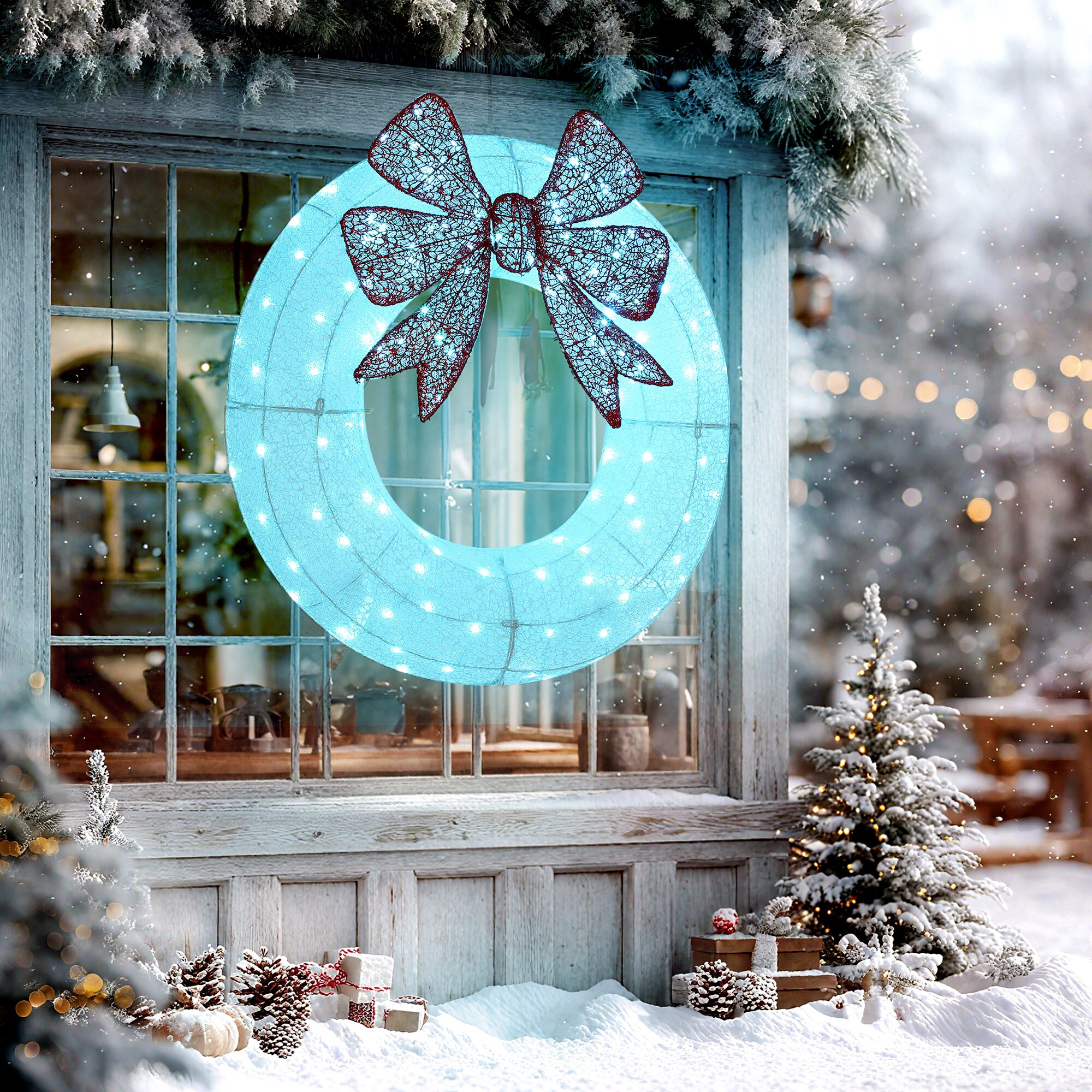 Upsimples 36 in White Pre Lit Christmas Wreath 145 Dual Color LEDs Festive Bow IP44 Waterproof Remote Control for Indoor or Outdoor Use