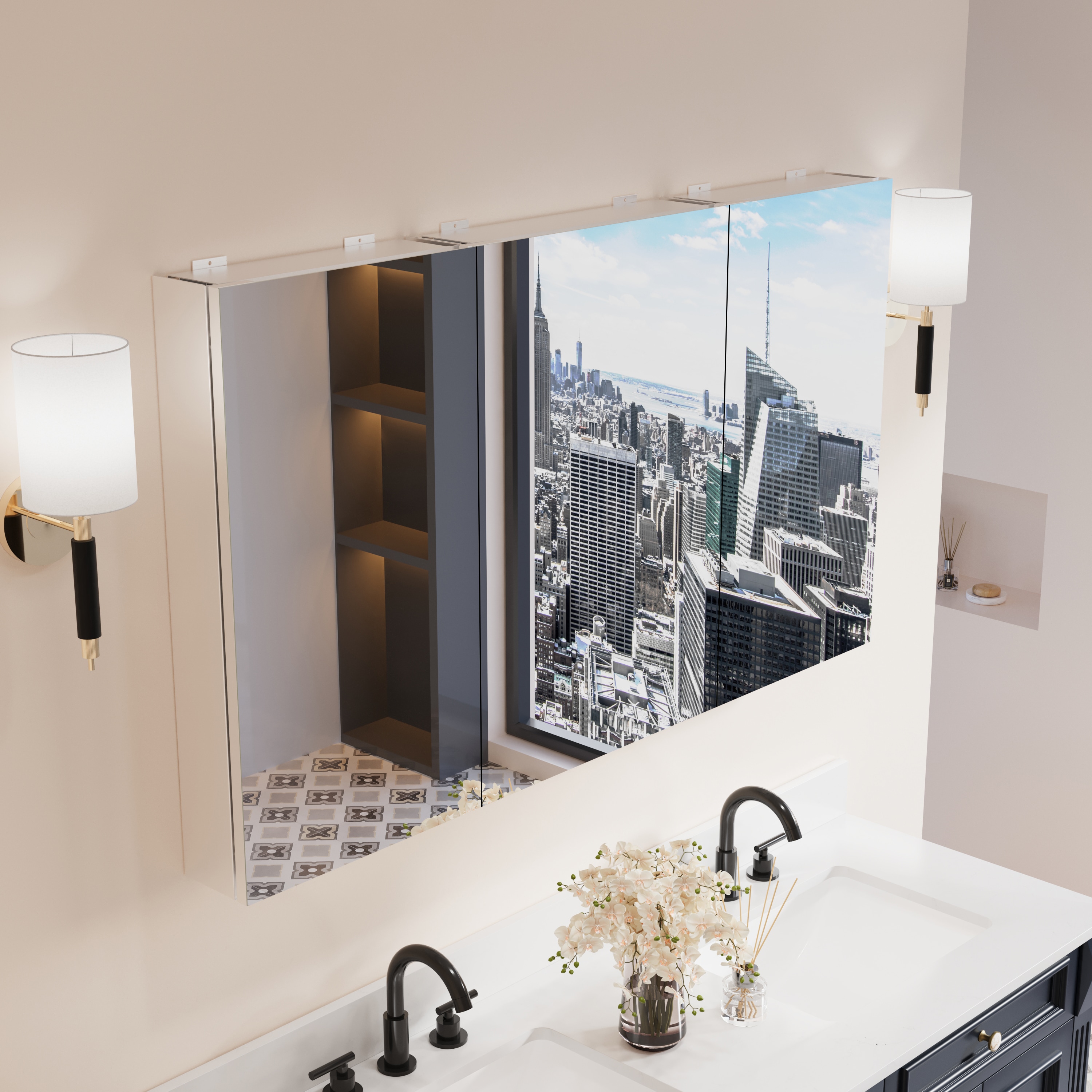 Forclover Combo Set 56-in x 30-in Surface/Recessed Mount Silver Mirrored Rectangle Soft Close Medicine Cabinet
