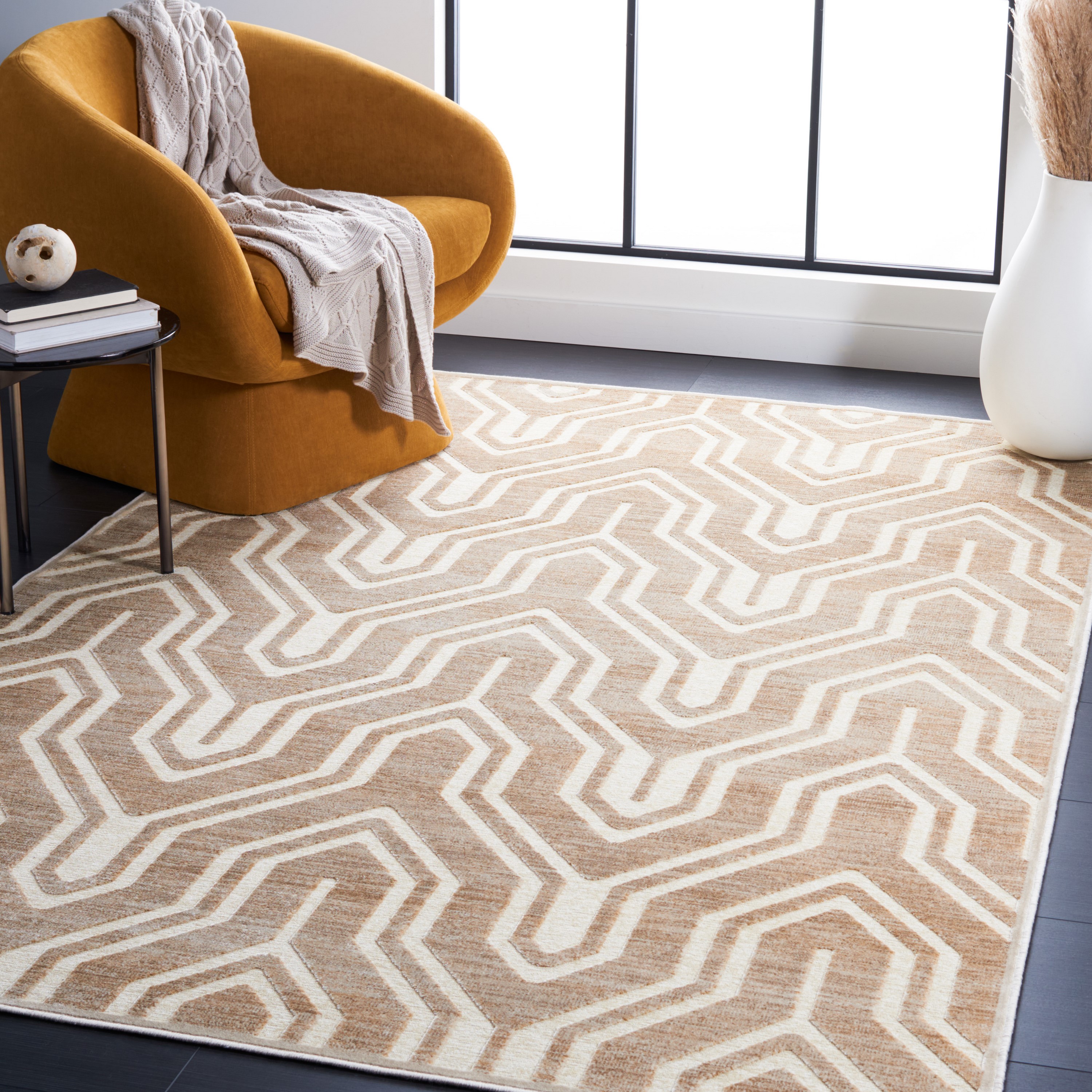 Stone Geometric Viscose and Wool Rectangular Rug