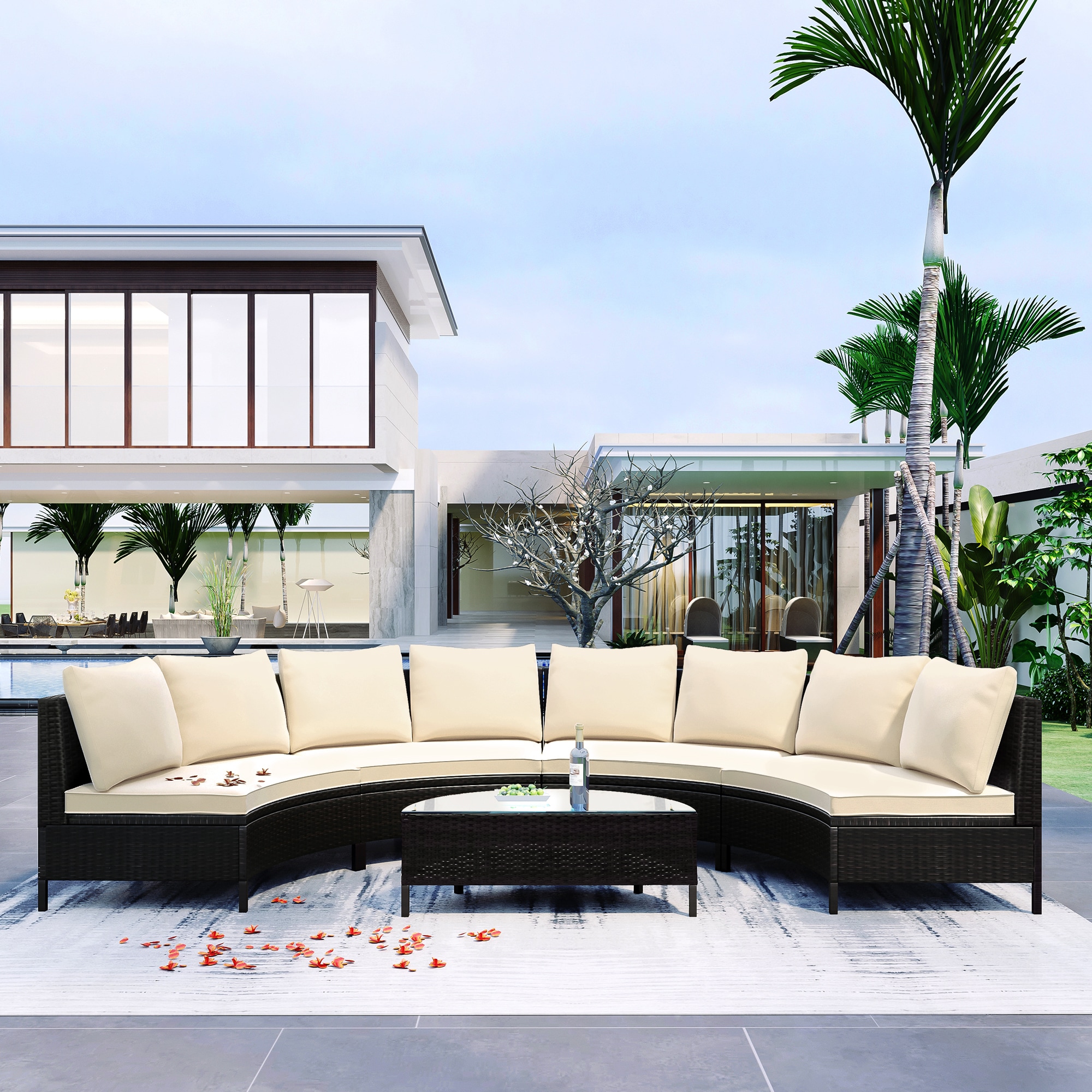 ModernLuxe L-SP100149AAA 5 Pieces All-Weather Brown PE Rattan Wicker Sofa Set Rattan Outdoor Sectional with Off-white Cushions and Steel Frame
