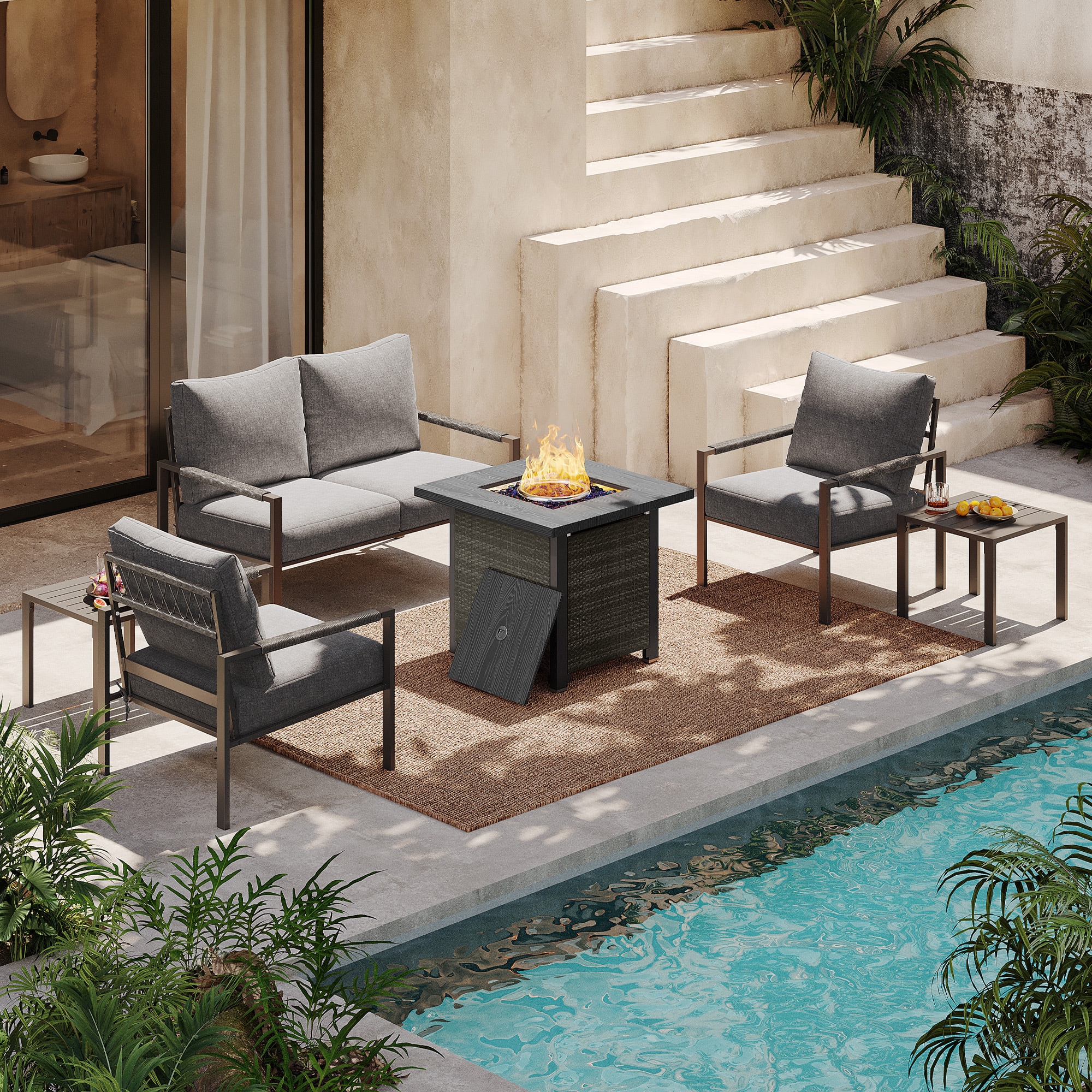 AURA OUTDOOR SIS002-GY 6 -Piece Rattan Patio Conversation Set with Gray Cushions