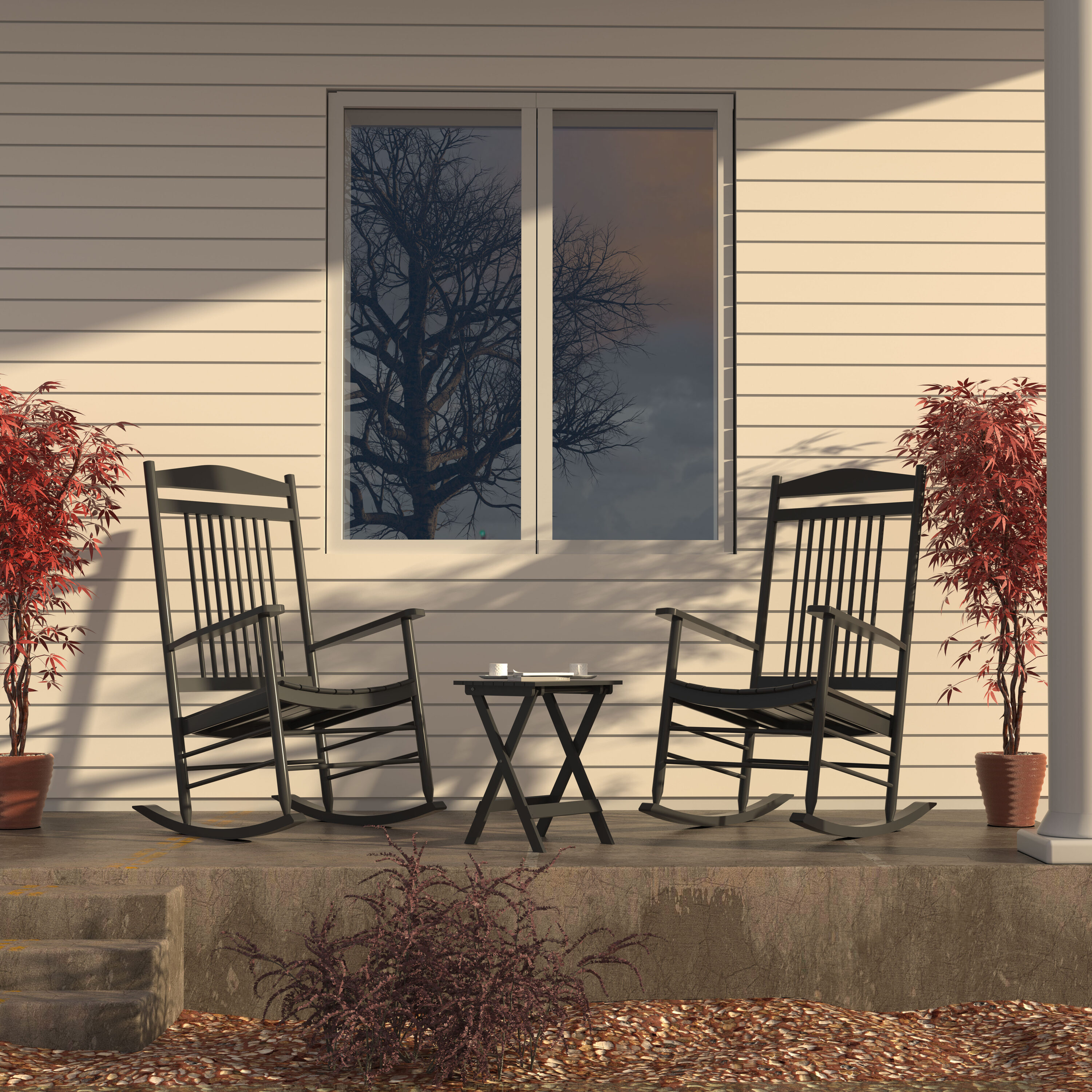 VEIKOUS PG0207-01BK-02 Set of 2 Black Wood Frame Rocking Chair with Black Slat Seat
