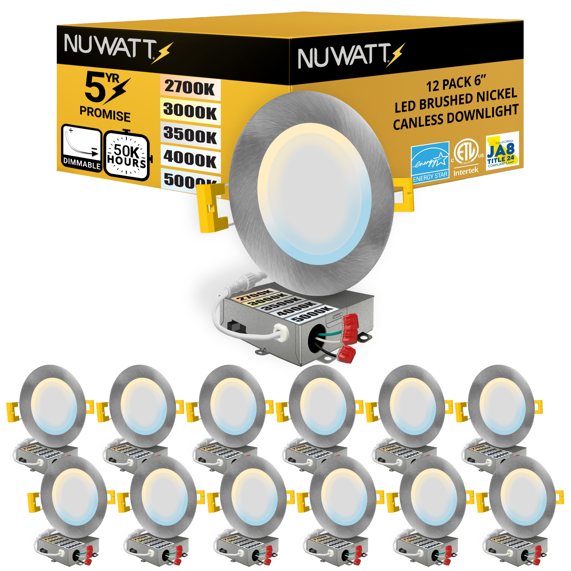 NUWATT NW-P-DL-615W5CTBN12P Ultra Slim Airtight IC Brushed Nickel 6-in 1050 -Lumens Switchable Round Dimmable LED Canless Damp rated Recessed Downlight 12 -Pack