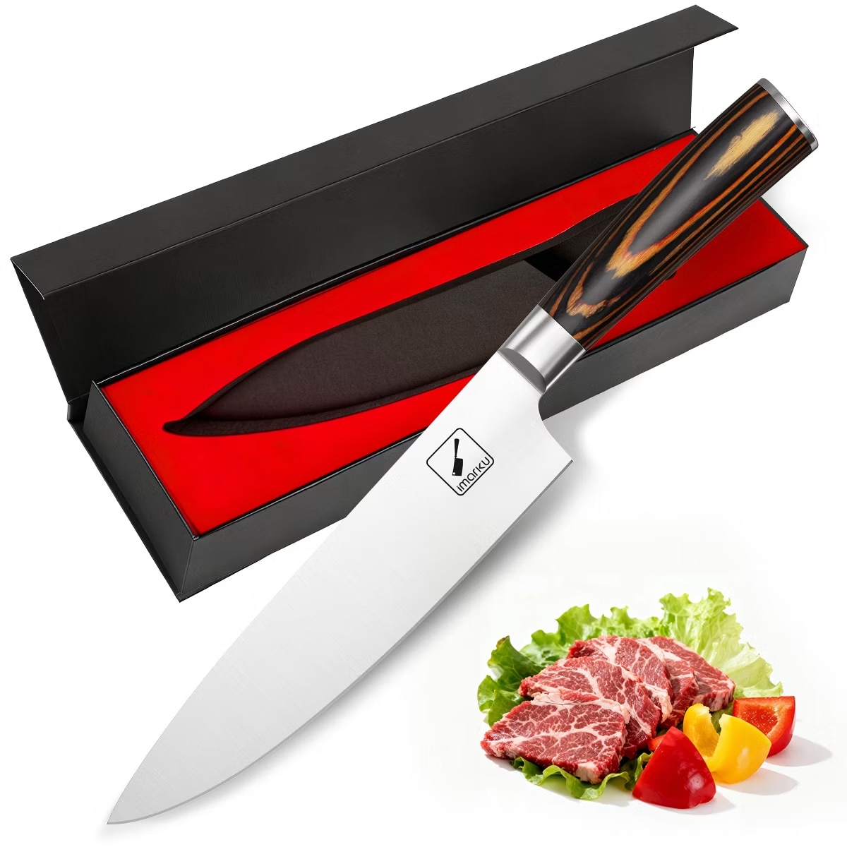imarku Chef Knife  8 Inch Chefs Knives Japanese SUS440A Stainless Steel Sharp Knife Kitchen Knife with Ergonomic Handle Orange Fathers Day gifts