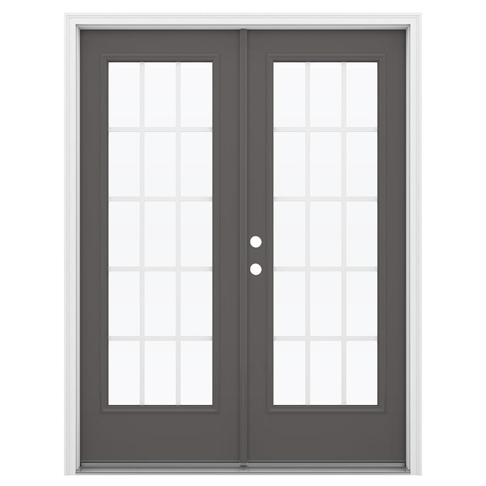 JELD-WEN 60-in x 80-in x 4-9/16-in Jamb Low-e Grilles Between The Glass Timber Gray Fiberglass French Right-Hand Inswing Double Patio Door Brickmould -  LOWOLJW184100131