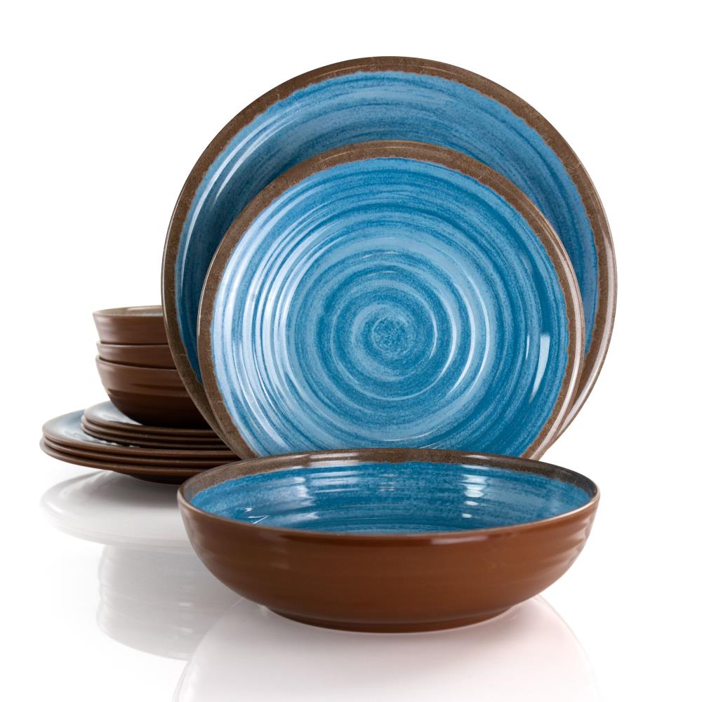 Rippled Tides Blue and Brown Melamine 12-Piece Dinnerware Set