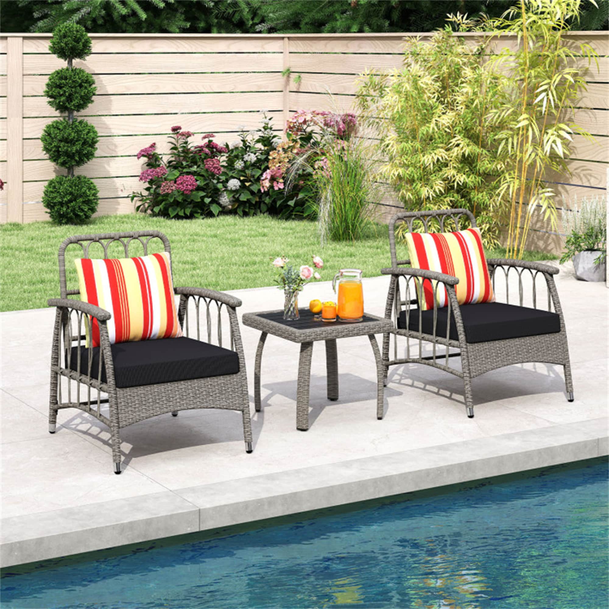 BABOOM BOM-0384BN-CO Patio Furniture Set 3 -Piece Rattan Patio Conversation Set with Black Cushions