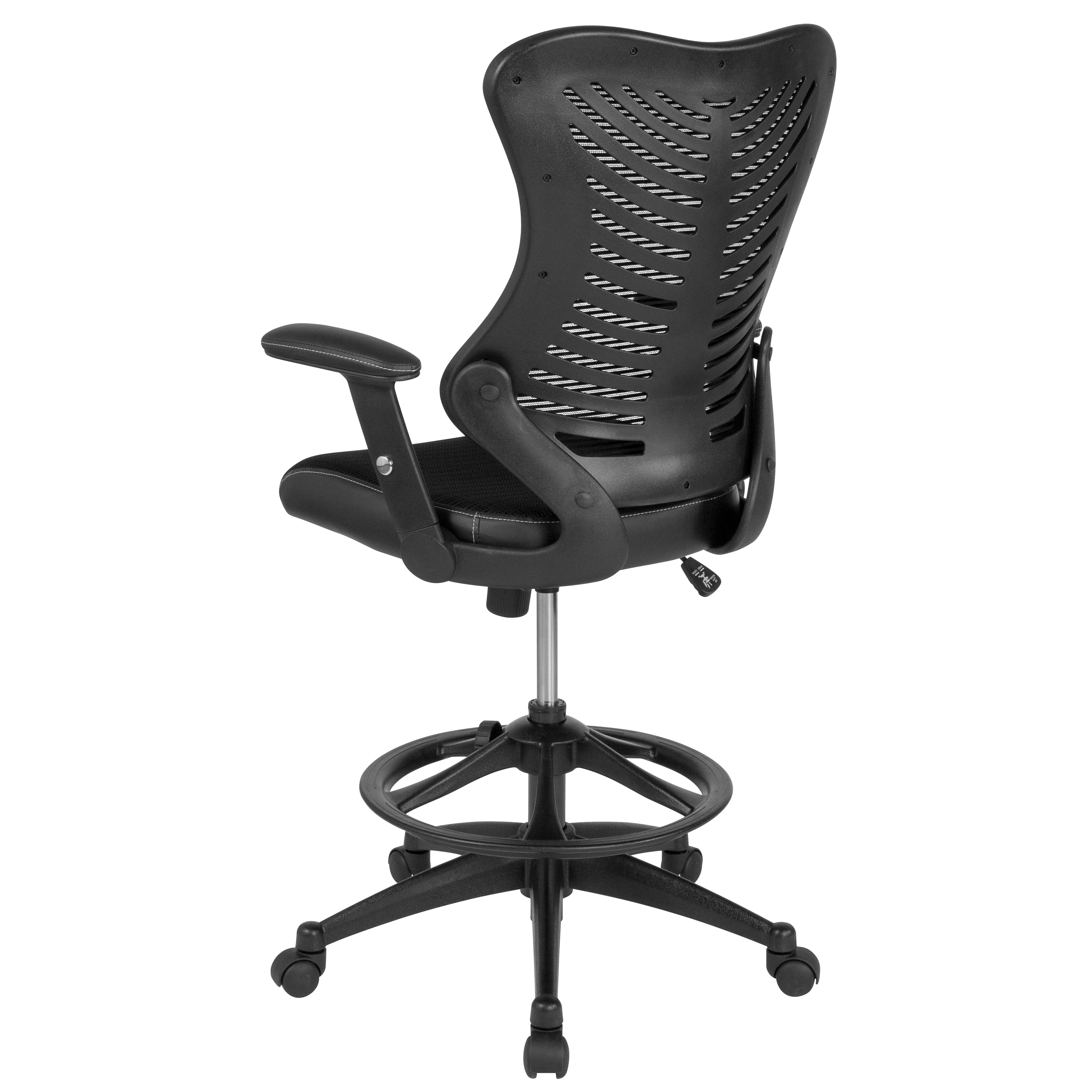 Ergonomic High Back Black Mesh Drafting Chair with Leather Accents