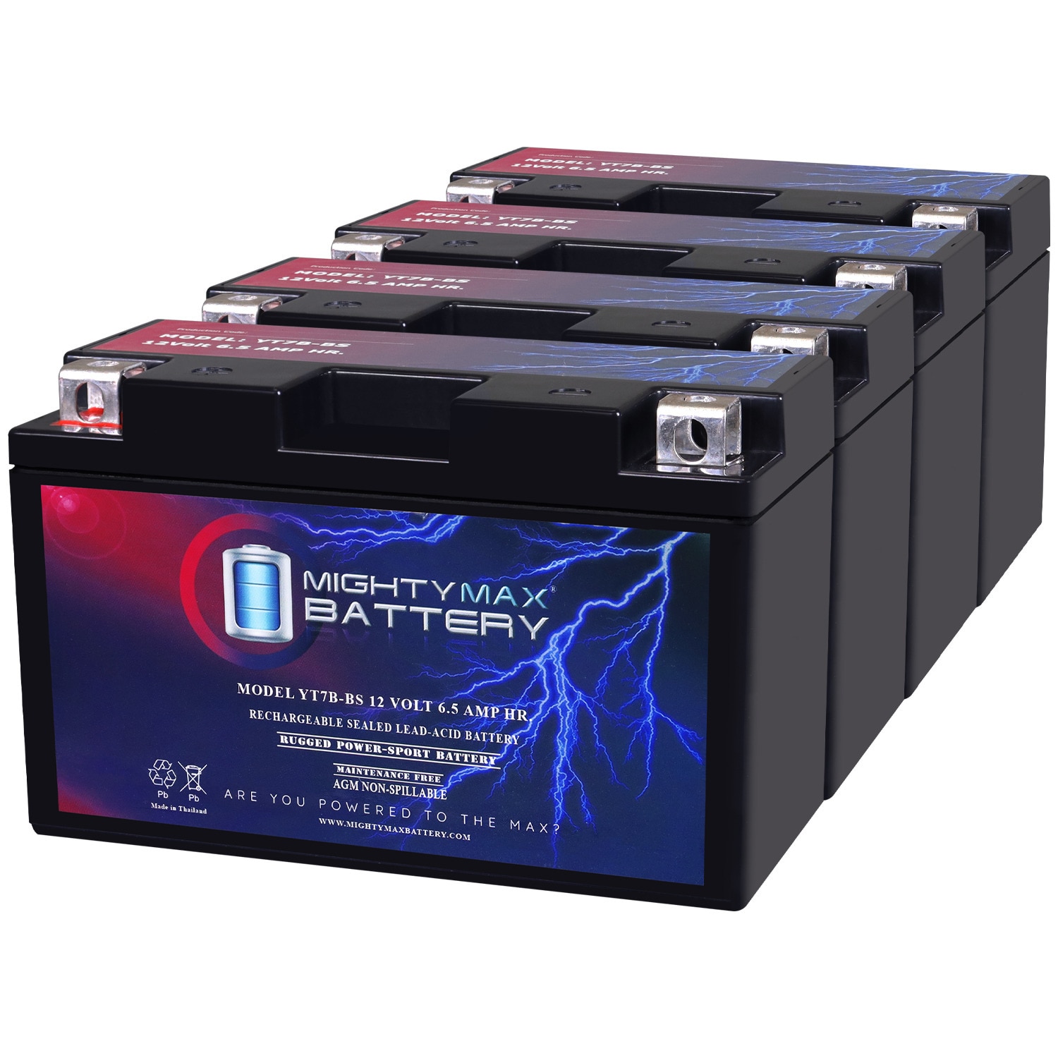 Mighty Max Battery YT7B-BS -12 V 6.5 AH, 110 CCA, AGM Motorcycle Rechargeable Sealed lead acid 1260 Backup power Batteries 4 -Pack