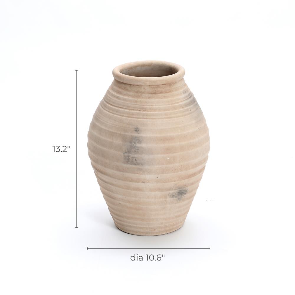 Rustic Light Brown Ribbed Ceramic Urn Vase 13.2-Inch Tall