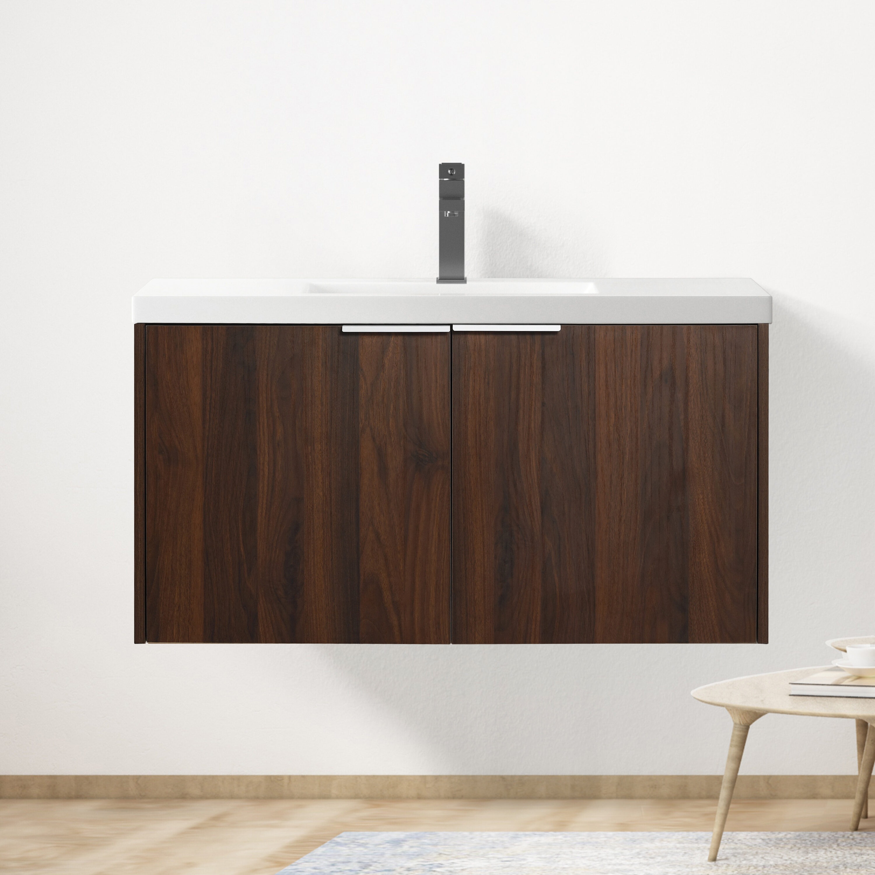 Forclover QNM-0936-IMO Floating Soft-Closing 36-in California Walnut Single Sink Floating Bathroom Vanity with White Cultured Marble Top