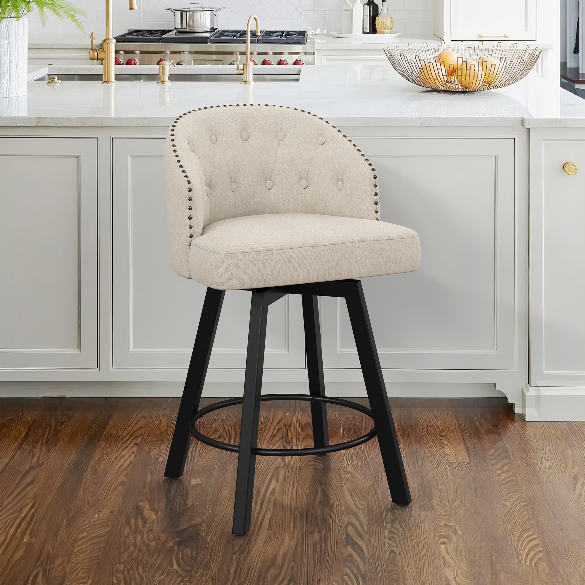 LUE BONA YB-098-05LS Beige/Fabric 26.4-in H Counter height (24-in to 27-in) Square Seat Upholstered Swivel Metal Back Bar Stool Back