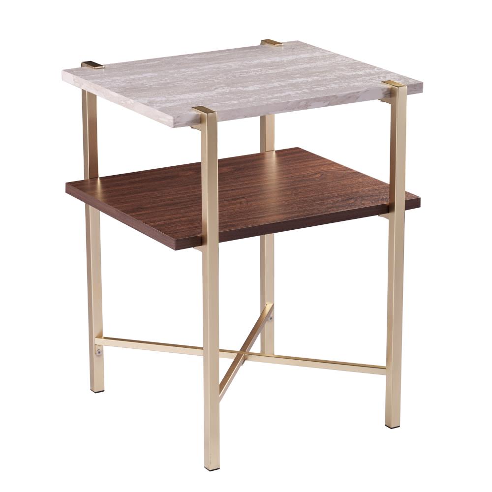 Boston Loft Furnishings Kempta 19-in W x 24-in H Brass and Dark Tobacco with White Faux Travertine Wood Veneer End Table with Storage Assembly -  ATG2094001CK