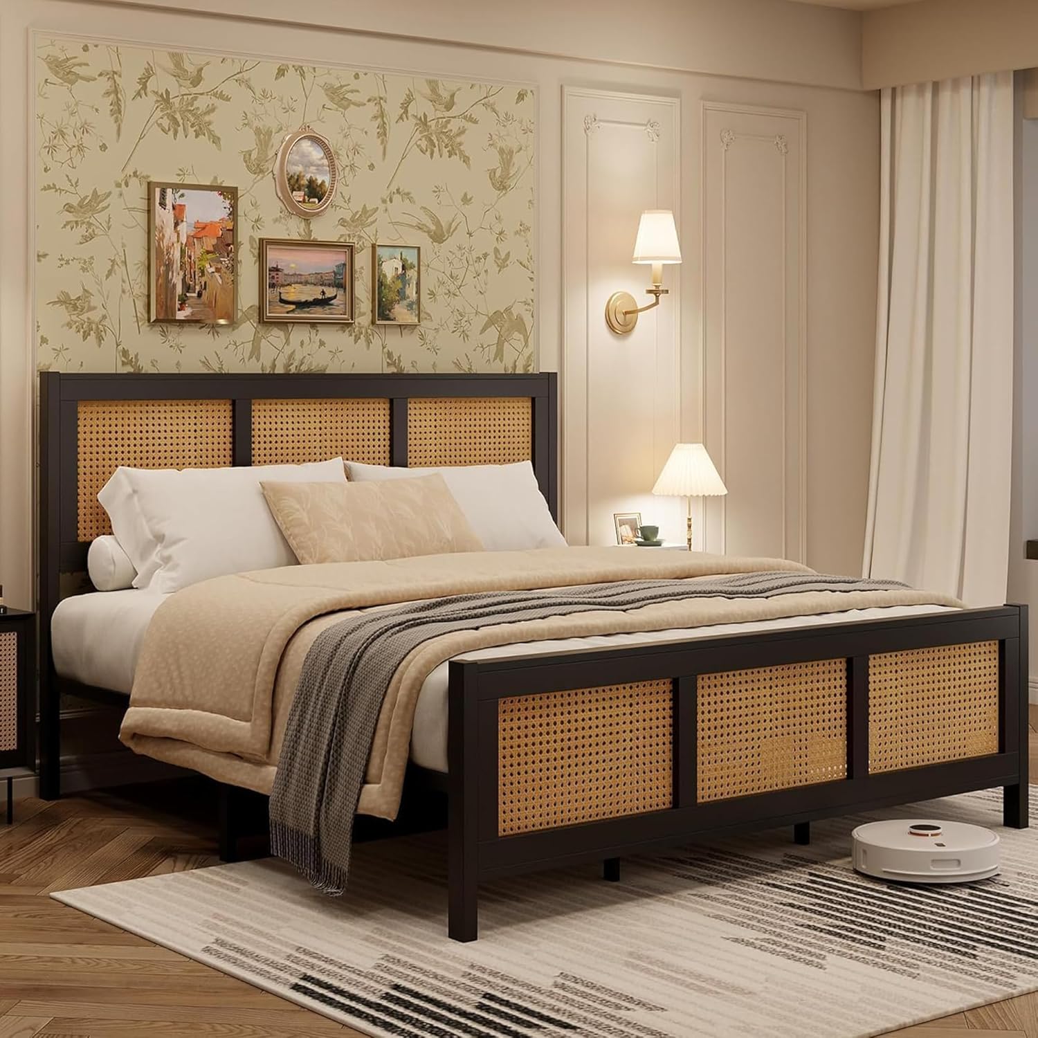 Qeetex LHF-BED-PHO-14YHYYOH Queen Size Bed Frame with Headboard Bohemian Rattan Platform Bed Frame with Strong Metal Slats Support No Box Spring Needed Noise-Free Design Black