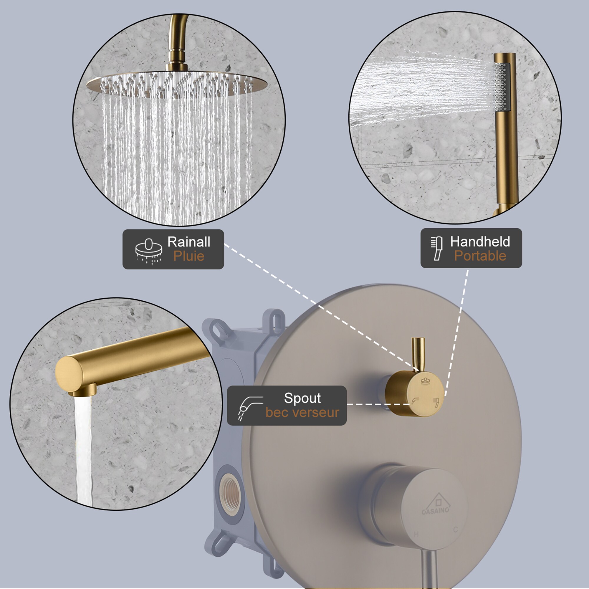 Brushed Gold Dual Rain Shower System with Handheld Spray