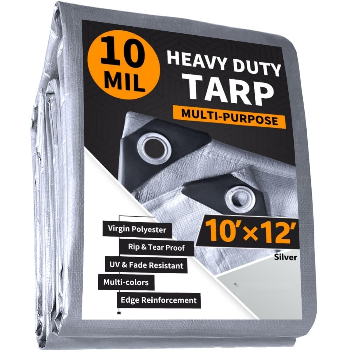 ITOPFOX  10 x 12 Foot Heavy Duty Tarp 10 Mil Silver Waterproof Poly Tarpaulin UV Resistant Reinforced Edges Grommets for Car Roof Camping