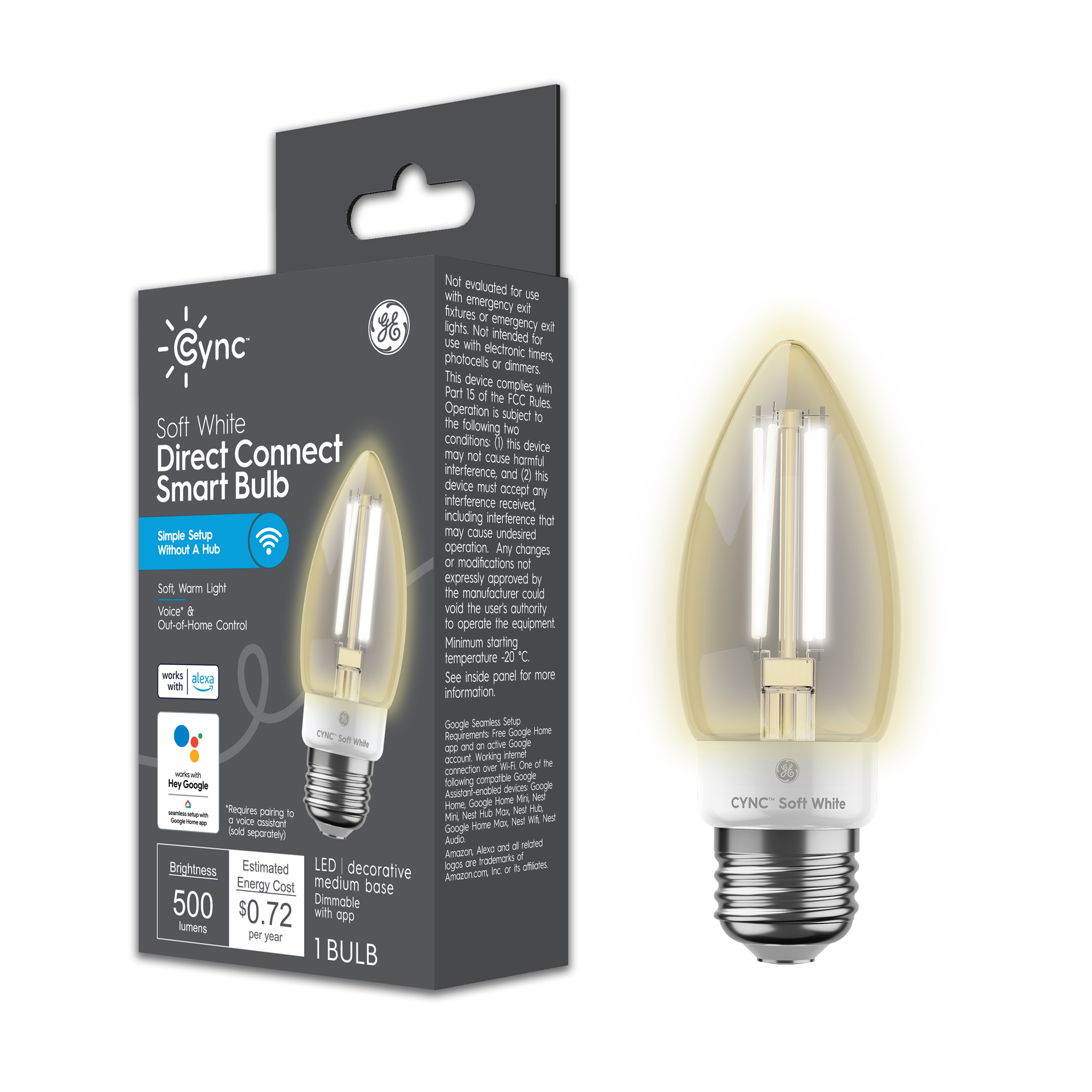 GE 93130193 Cync 60 -Watt EQ B11 Soft white Medium base (E-26) Dimmable Smart LED Decorative Light Bulb