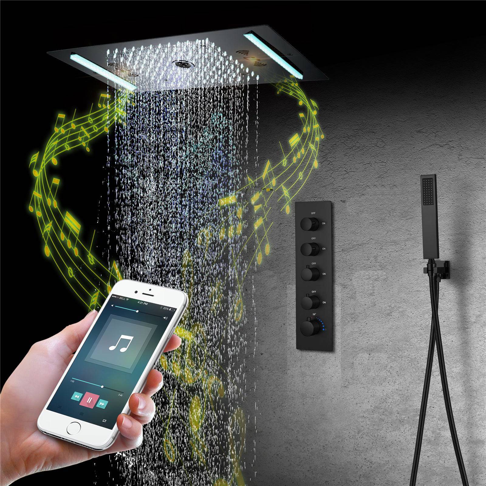 Wonderland America  Matte Black 64 LED colors music led flushed in 24X12 inch 3 functions shower head 4 way thermostatic shower faucet