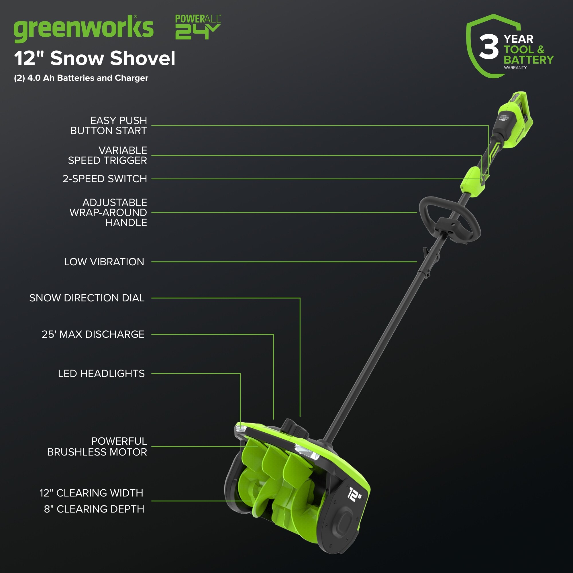 Greenworks 48-volt 12-Inches Single-stage Push Battery Powered snow shovel 4 Ah (Battery Included) (Charger Included)