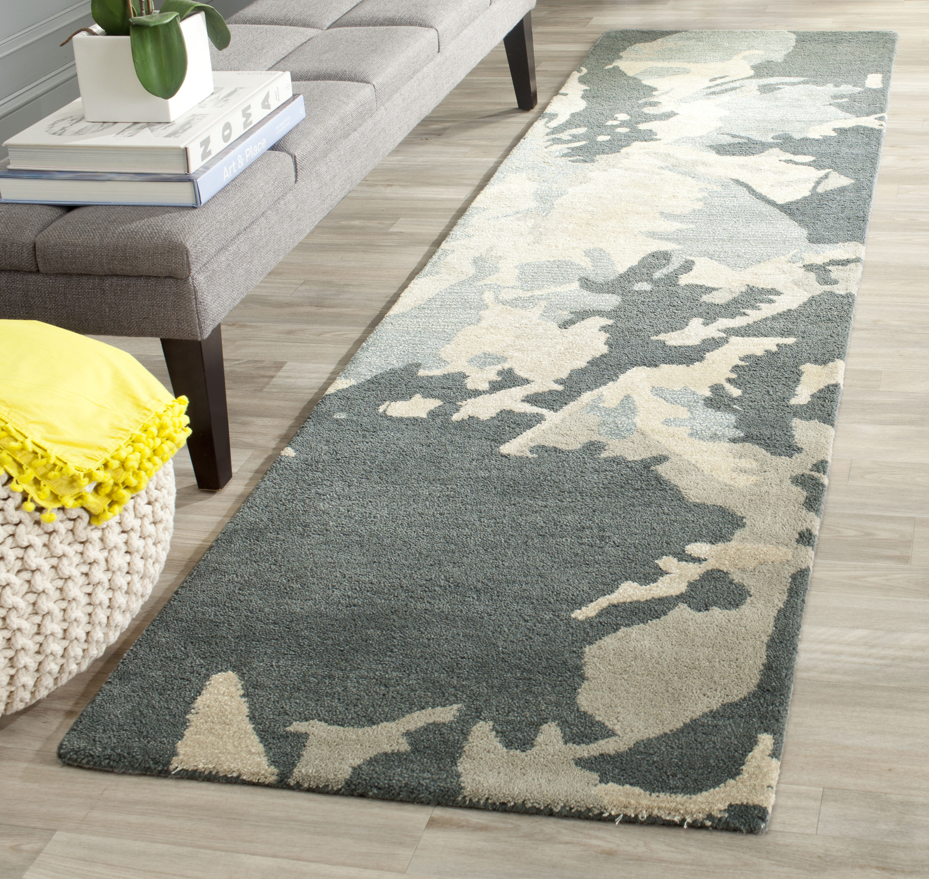 Steel Blue Abstract Floral Hand-Tufted Wool Runner Rug