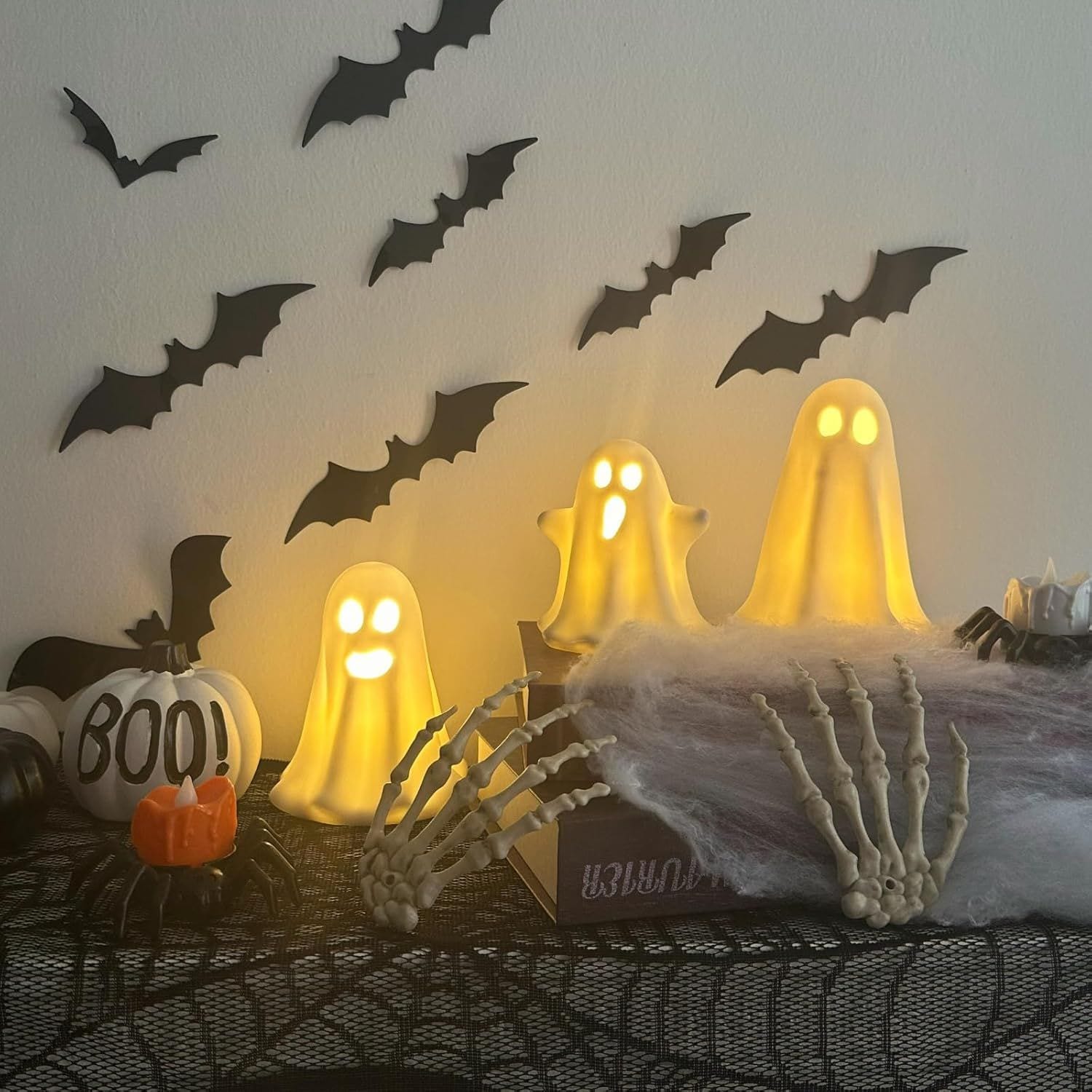 OBERSTER 3 Pack Halloween Ceramic Ghost Decor Light Up Ghost Halloween Decor Cute Ghost Figurines for Table Tray Fireplace Home Indoor Decoration