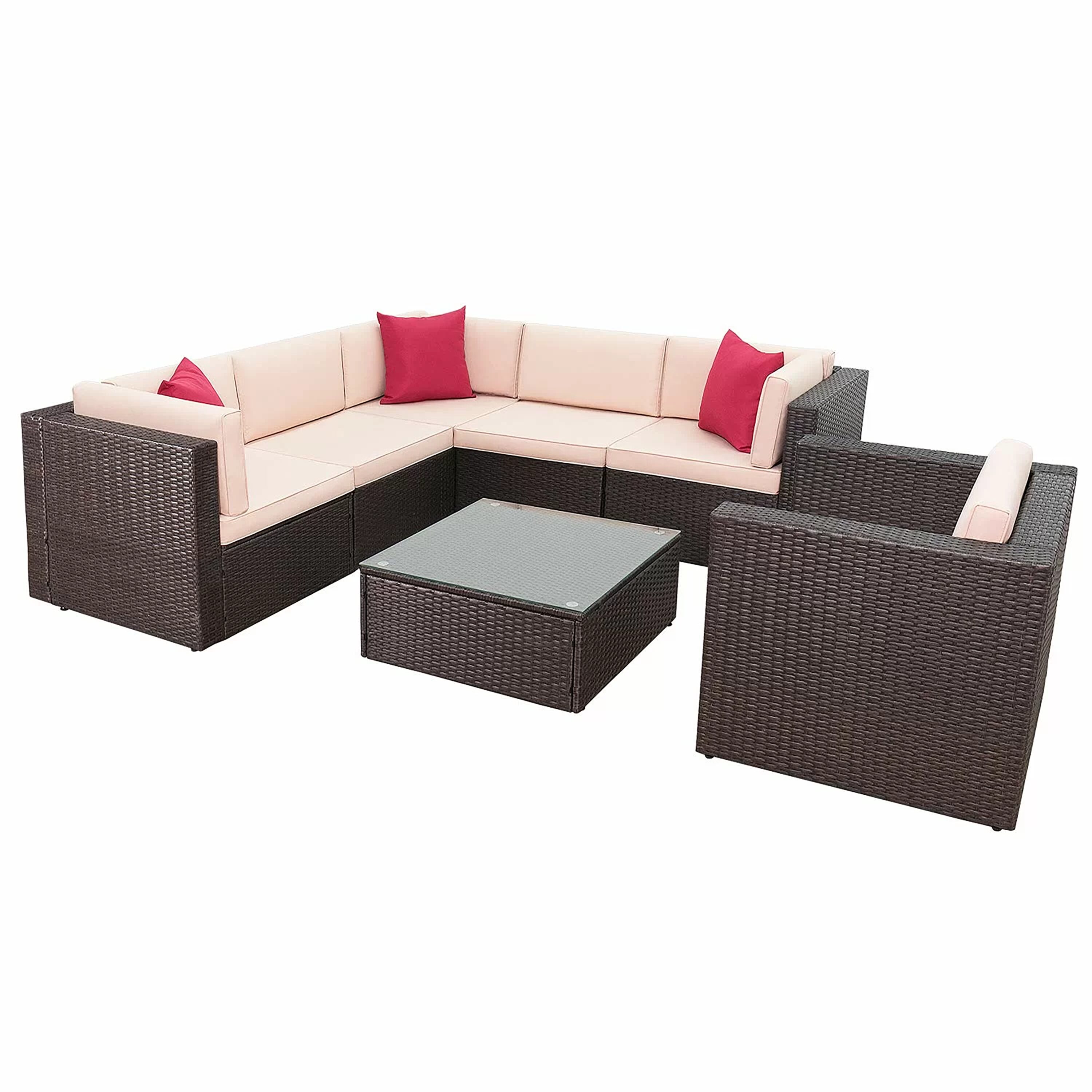 Vineego LS-71C1S1A1AS0BG 7 -Piece Wicker 2 Patio Sofa Conversation Set with Off-white Cushions