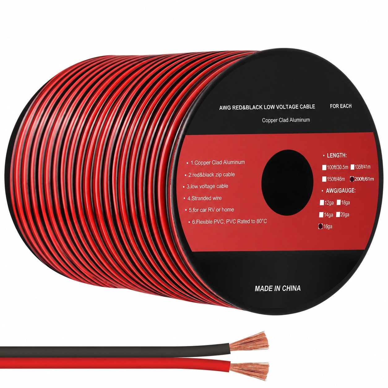 Aoibox  16 Gauge 200ft 2 Conductor Red Black Electrical Wire 16AWG CCA Low Voltage Extension Cord 12V 24V DC