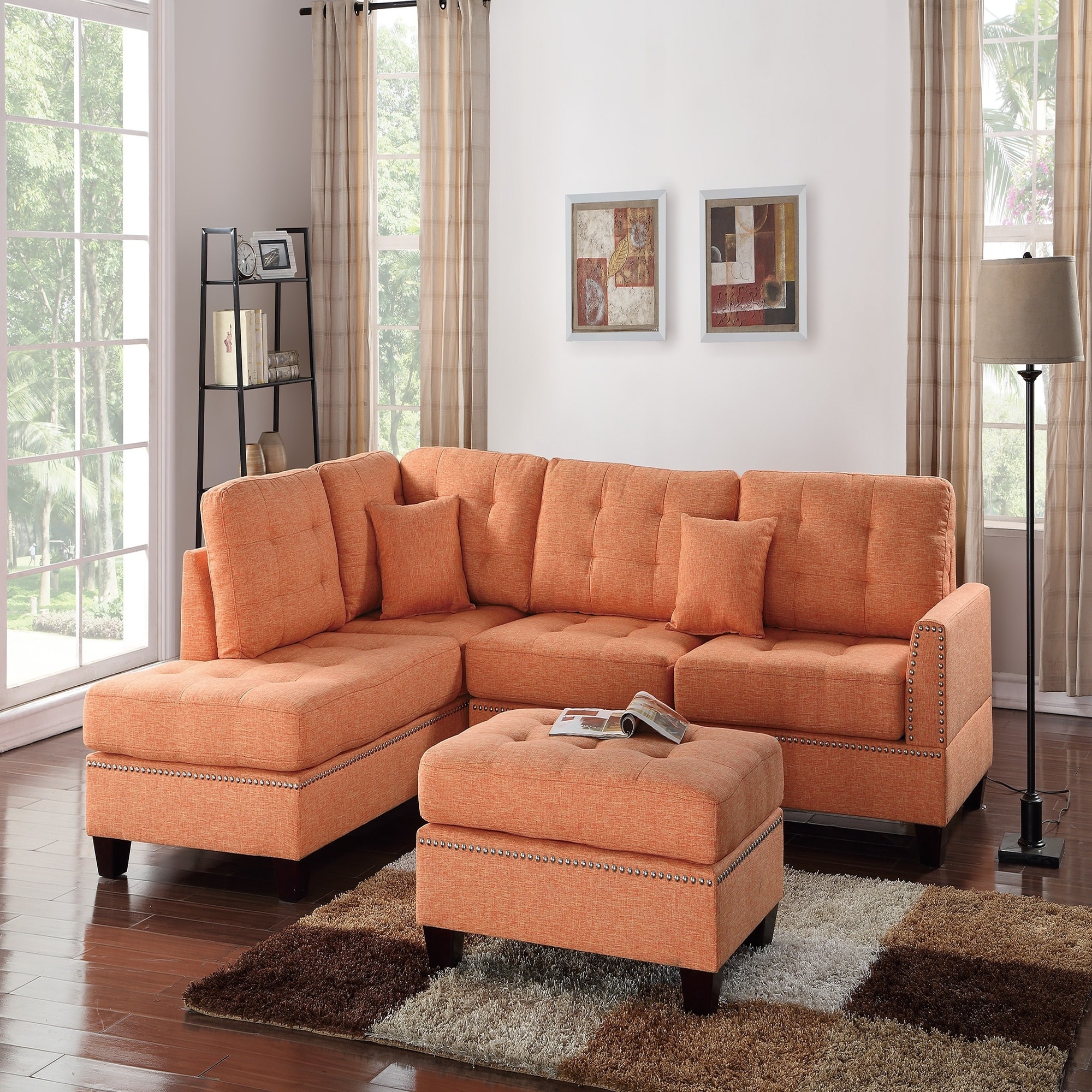 HyperDrop Cart Modern 3pcs Sectional Living Room Furniture Reversible Chaise Sofa Ottoman Tufted Polyfiber Linen Like Fabric Cushion Couch Pillows Citrus