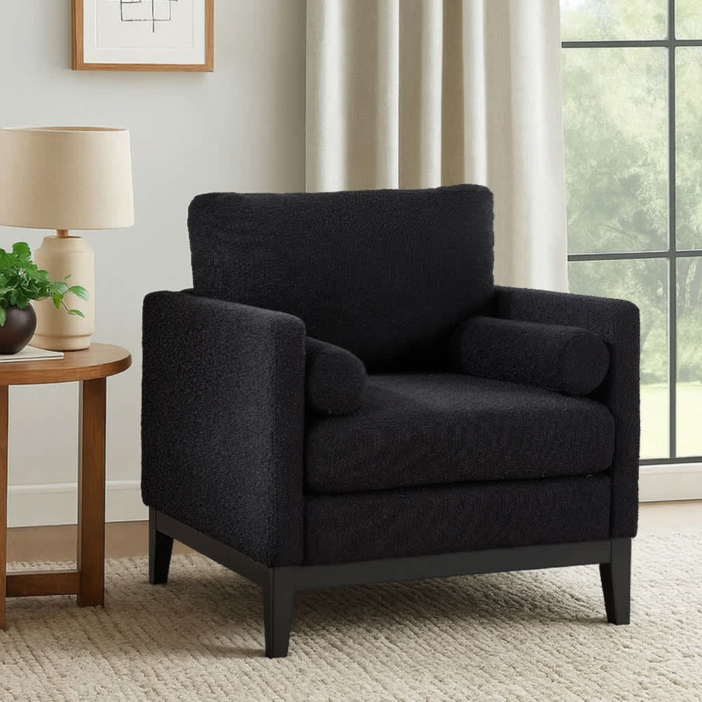 Coolbibila - Black Boucle Upholstered Arm Chair with Removable Cushion and 2 Pillows Modern Livin...