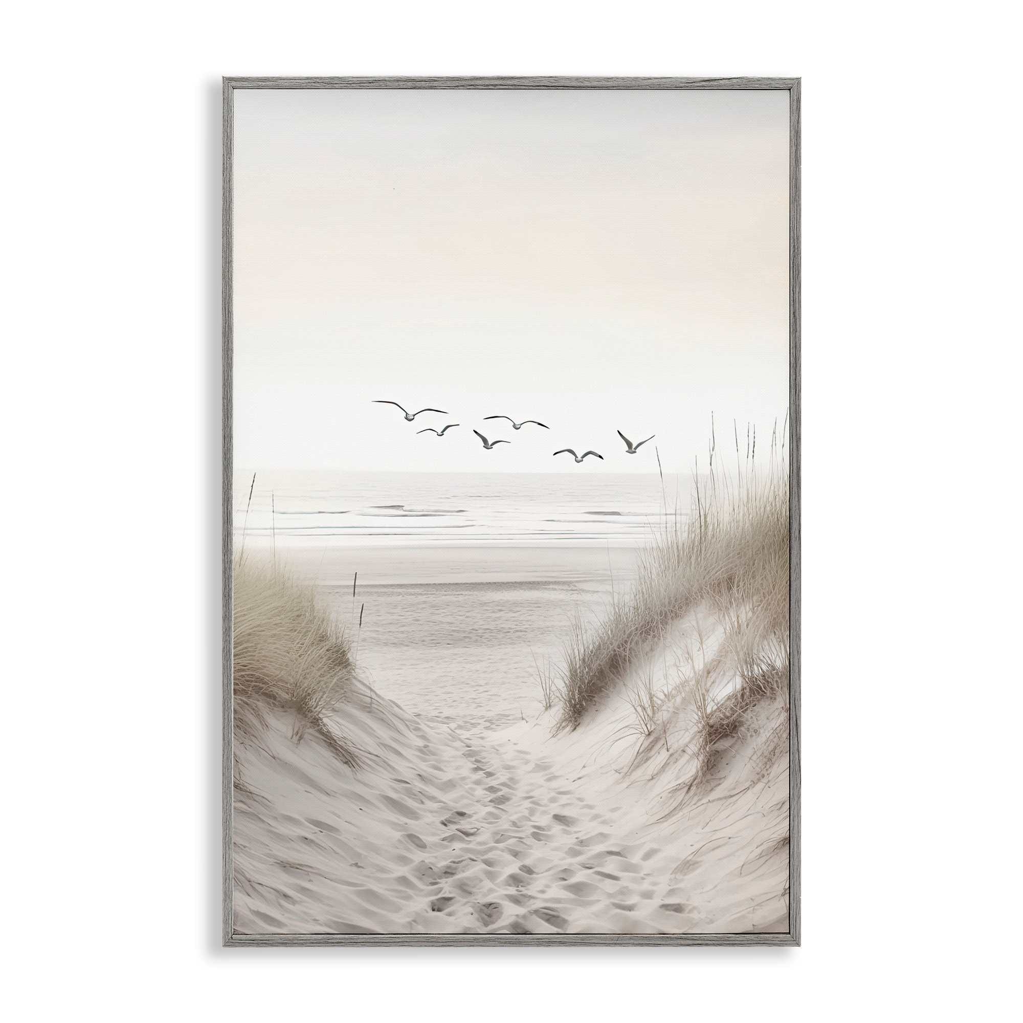 Stupell Industries - Seagulls over Sandy Footprints Gray Framed Giclee Art 12 x 18