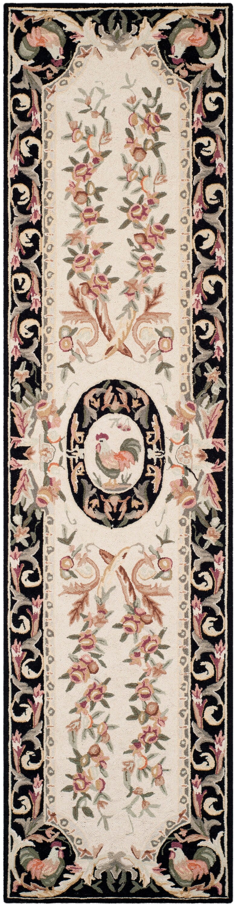 Safavieh HK48K-212 Chelsea Horoz 2 x 12 (ft) Hooked Wool Ivory/Black Rectangular Indoor Floral/Botanical Runner rug