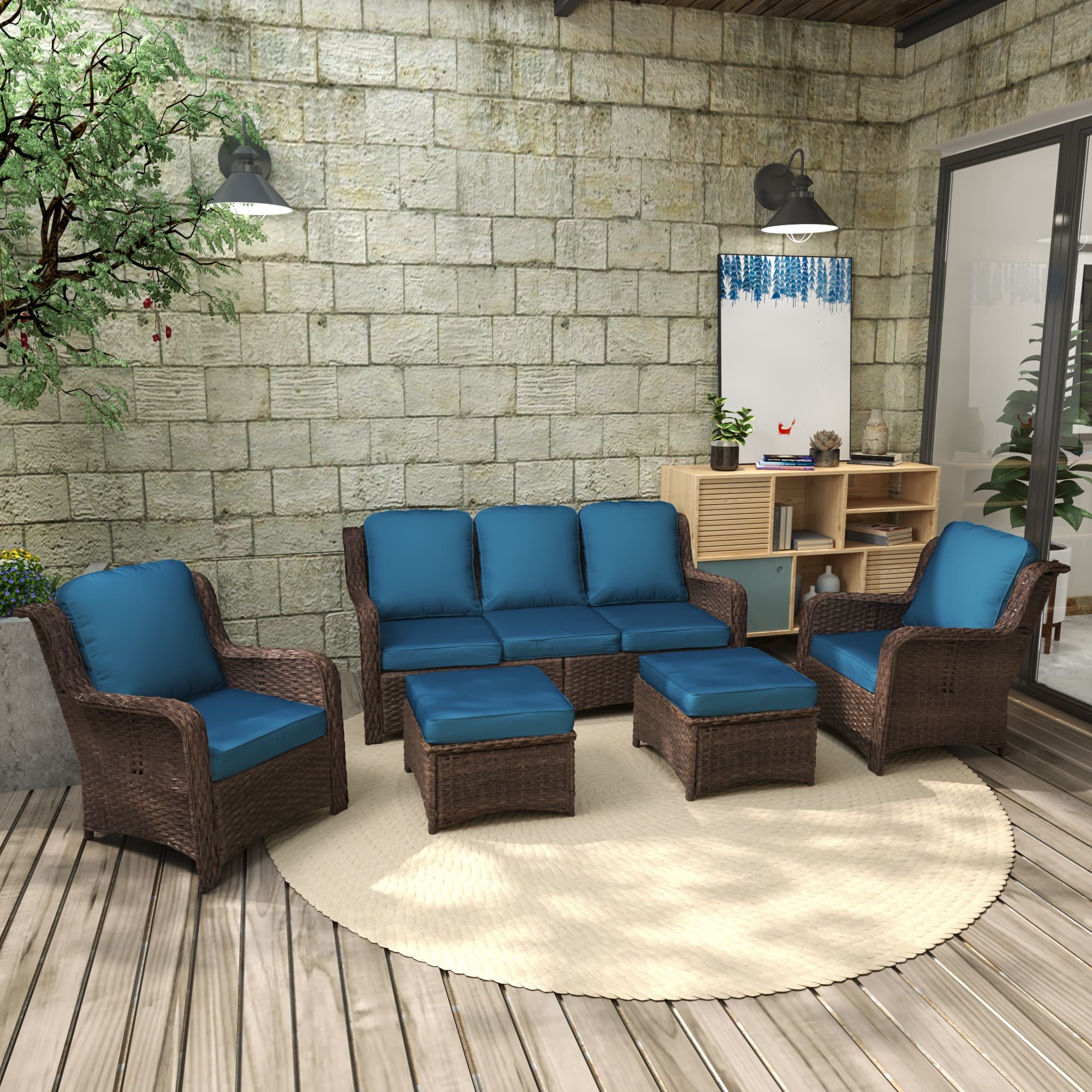 Runesay XIPCS174 5 -Piece Rattan Patio Sofa Conversation Set with Blue Cushions