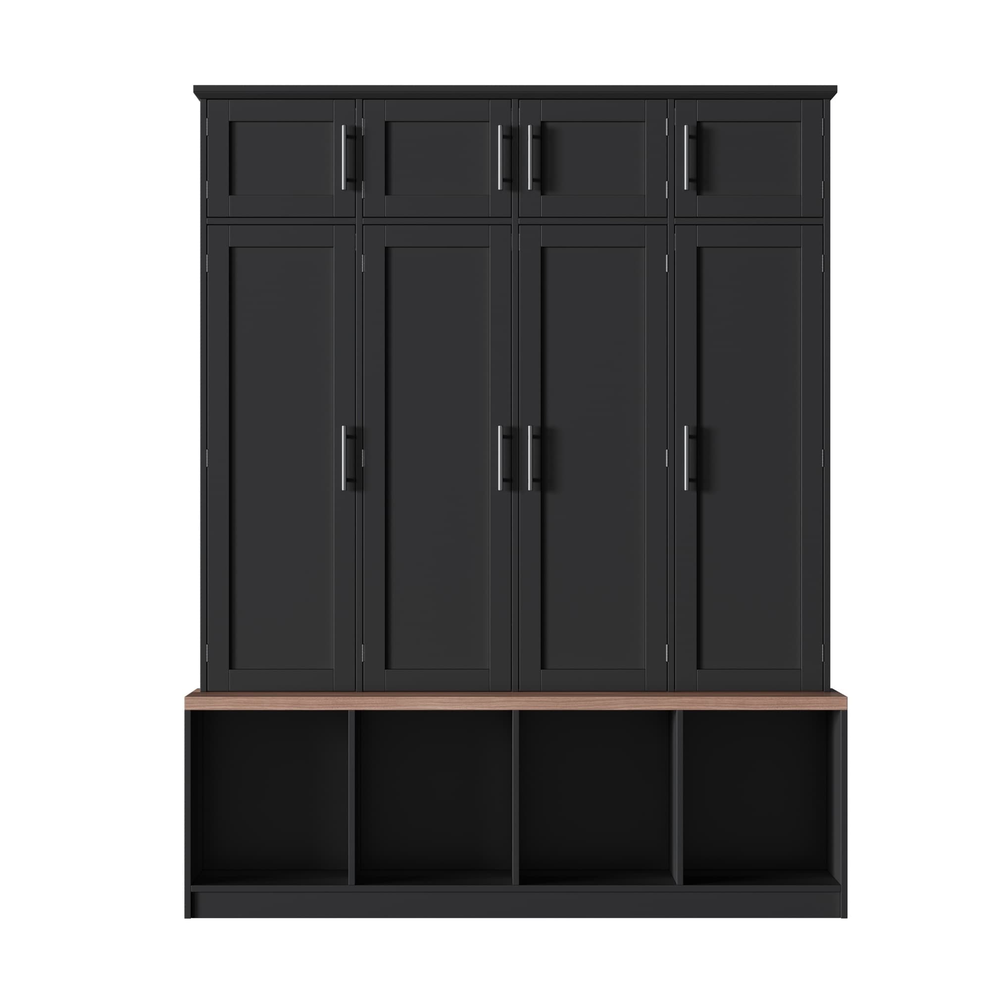 Horizons Prime 59 inch x 16 inch x 75 inch Black MDF Farmhouse Hall Tree with 4 Hidden Hanging Hooks and Walnut Seating Bench