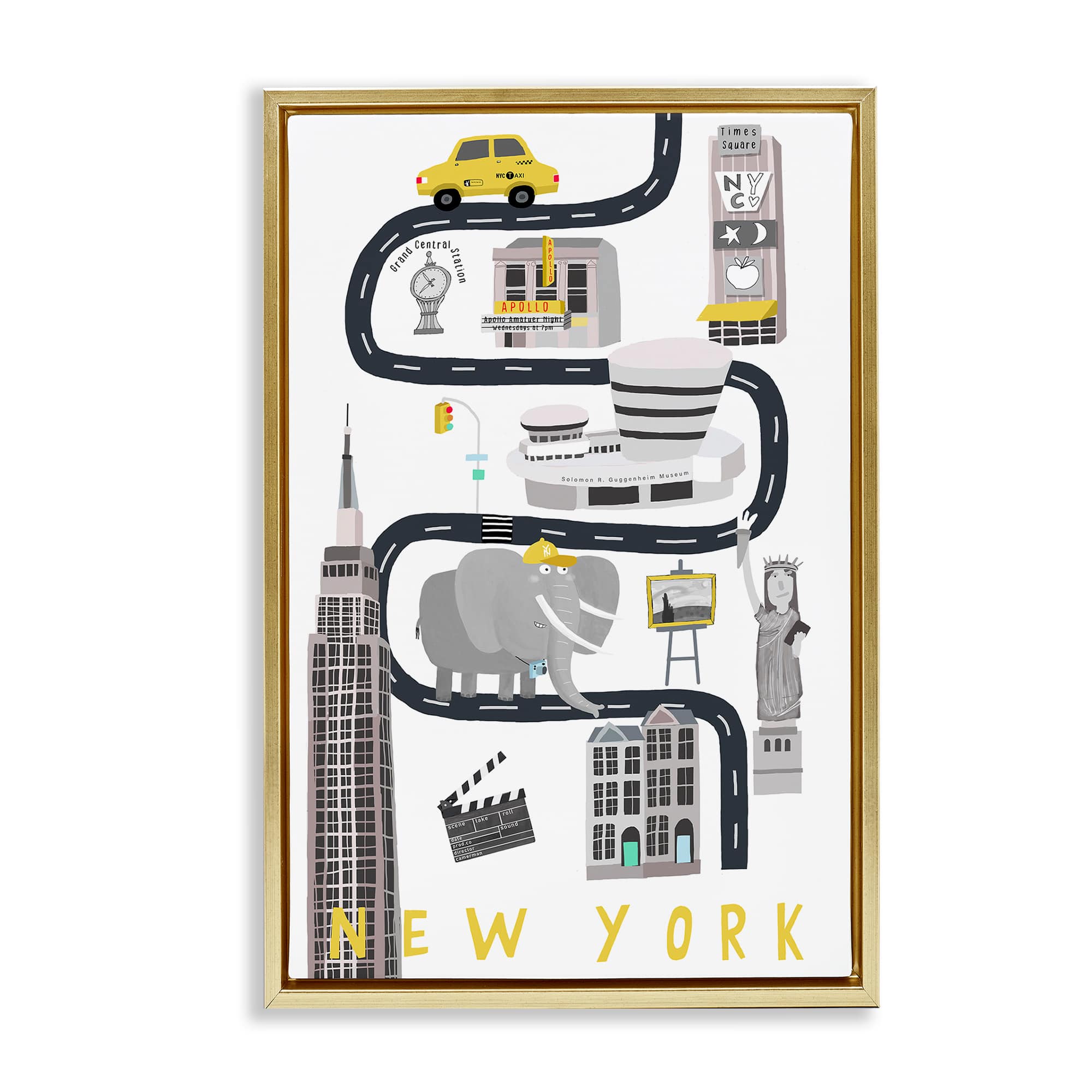 Stupell Industries BT-247-FFG-20X30 New York Whimsical Travel City Gold Framed Floater Canvas Wall Art By Carla Daly 21 x 31