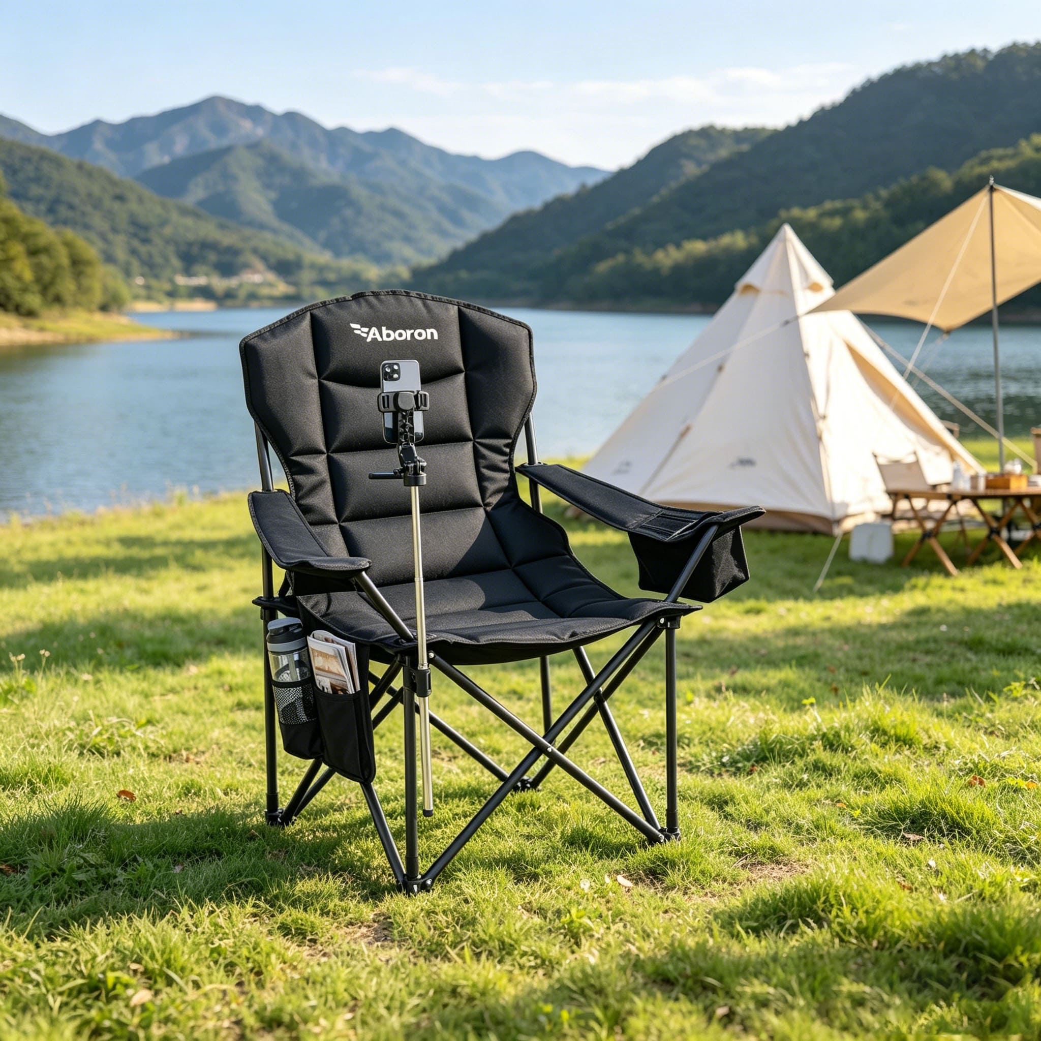 DOCRED  Oversized Folding Camping Chair 360 Degree Phone Holder 600 lbs Heavy Duty Padded Portable Outdoor Lawn Chair with Cooler Pouch and Side Pocket for Camping Beach Sports Black