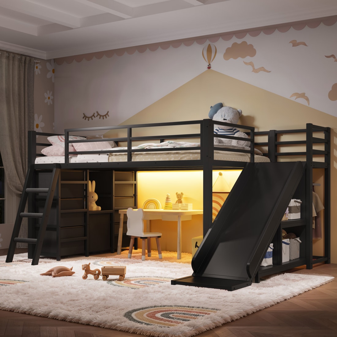 CHITA - Twin Size Metal Loft Bed with Ladder Drawers Slide LED Lights for Kids and Teens Black