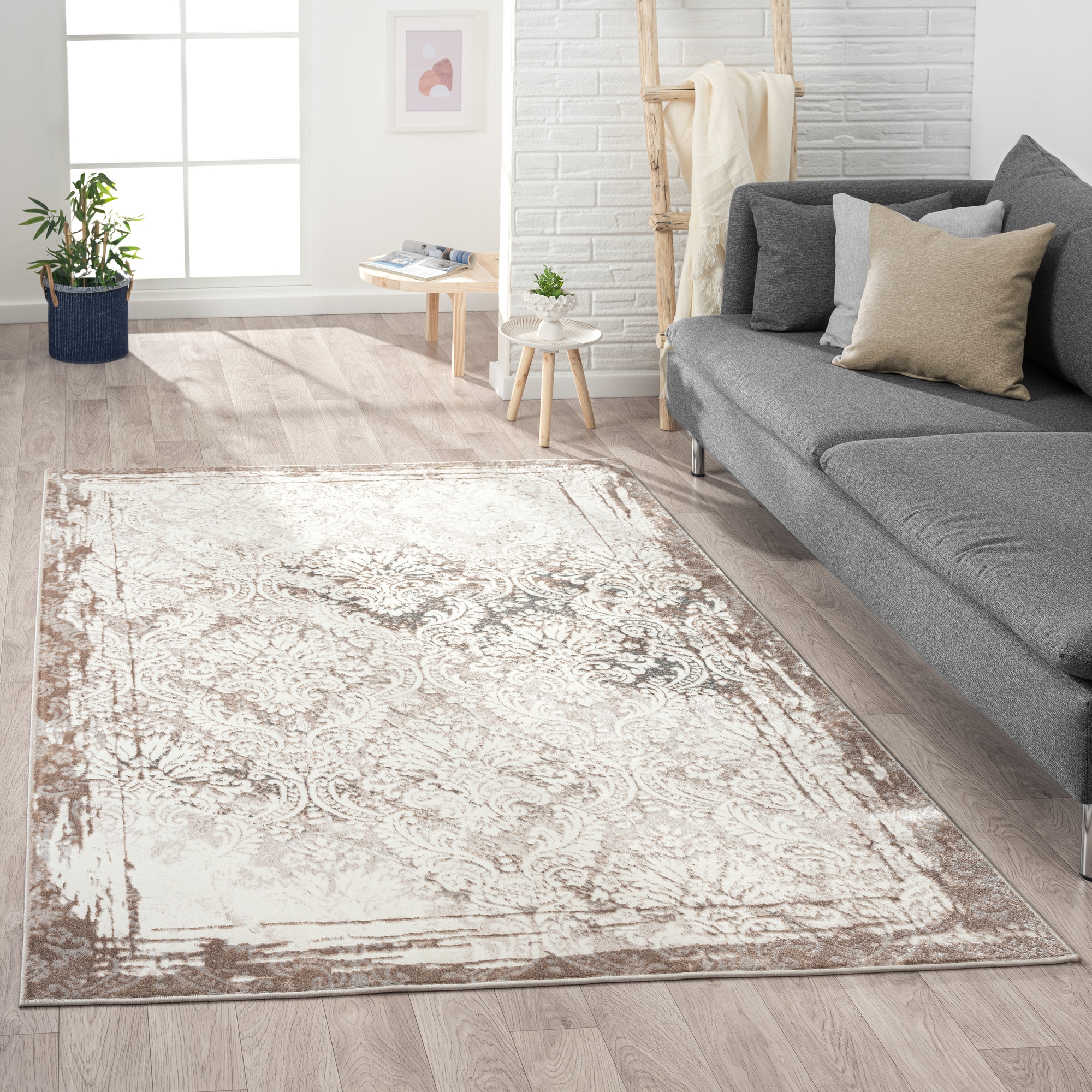 LR Home 9718A6184934J8 Adana 5 x 7 (ft) Loomed Polyester Brown/Beige/Cream/Gray Rectangular Indoor Border Vintage Area rug