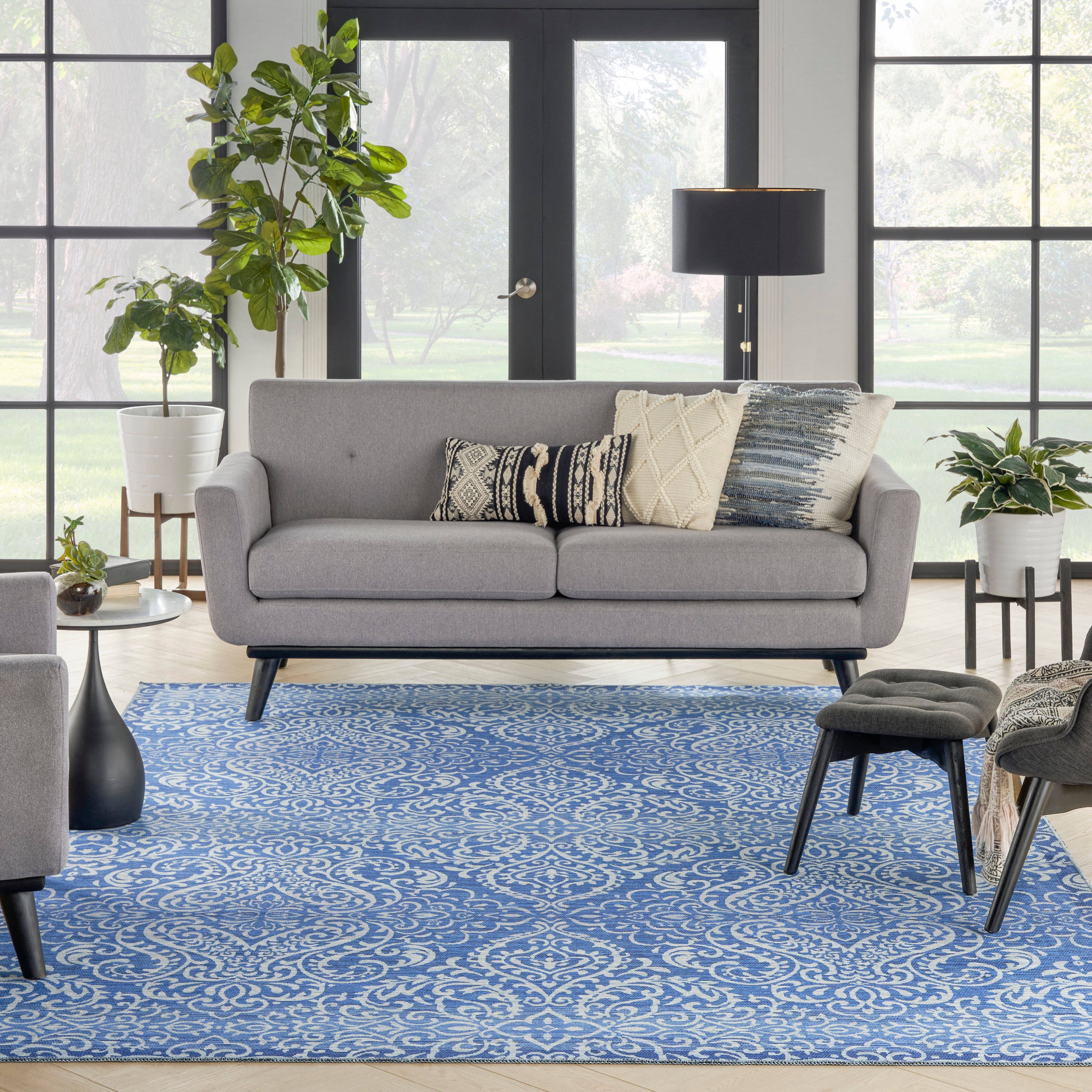 Waverly Blue Damask Washable Synthetic Area Rug, 8' x 10'