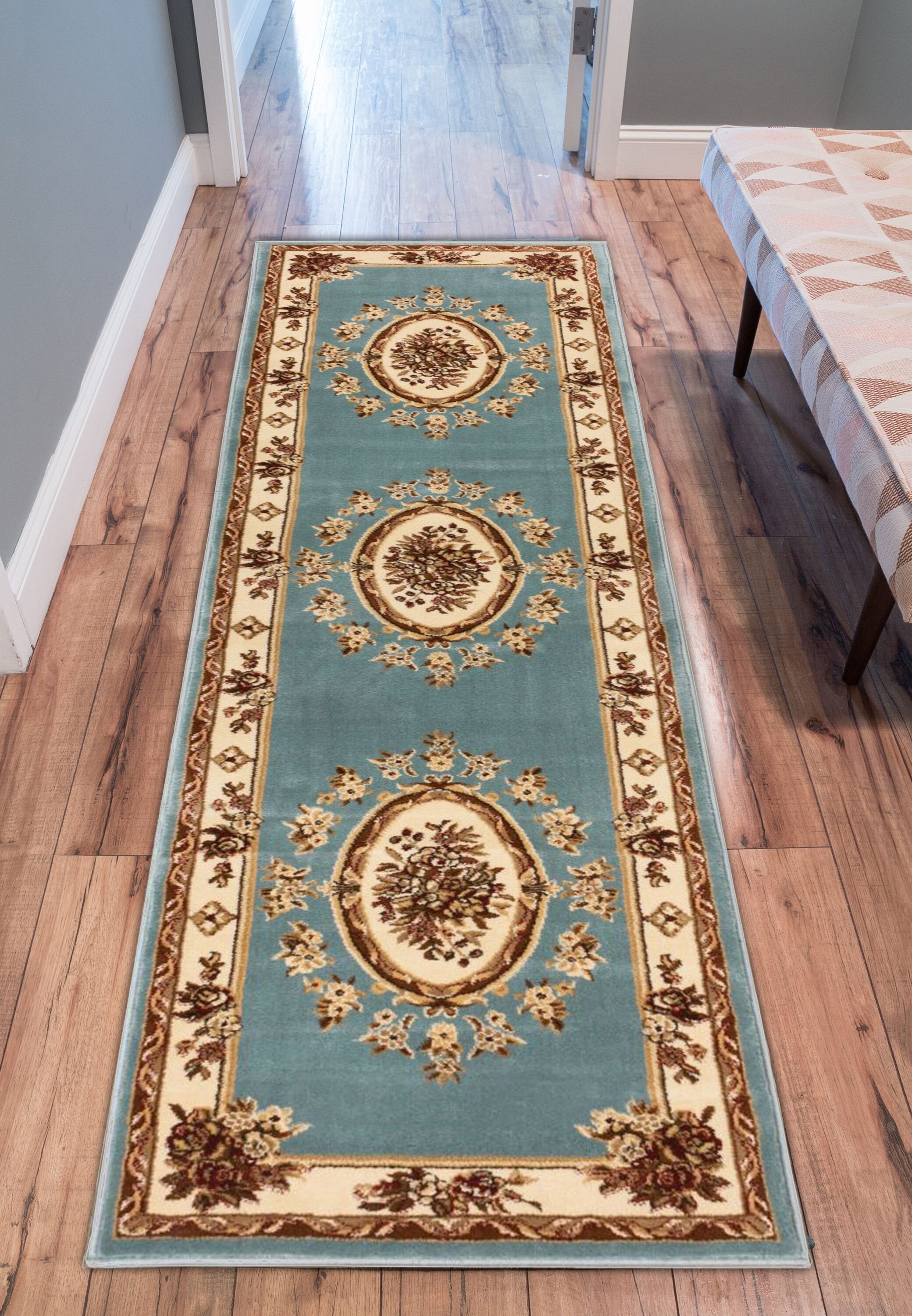 Well Woven 36362L 2 x 12 (ft) Loomed Polypropylene Light Blue Rectangular Indoor Medallion Persian Runner rug