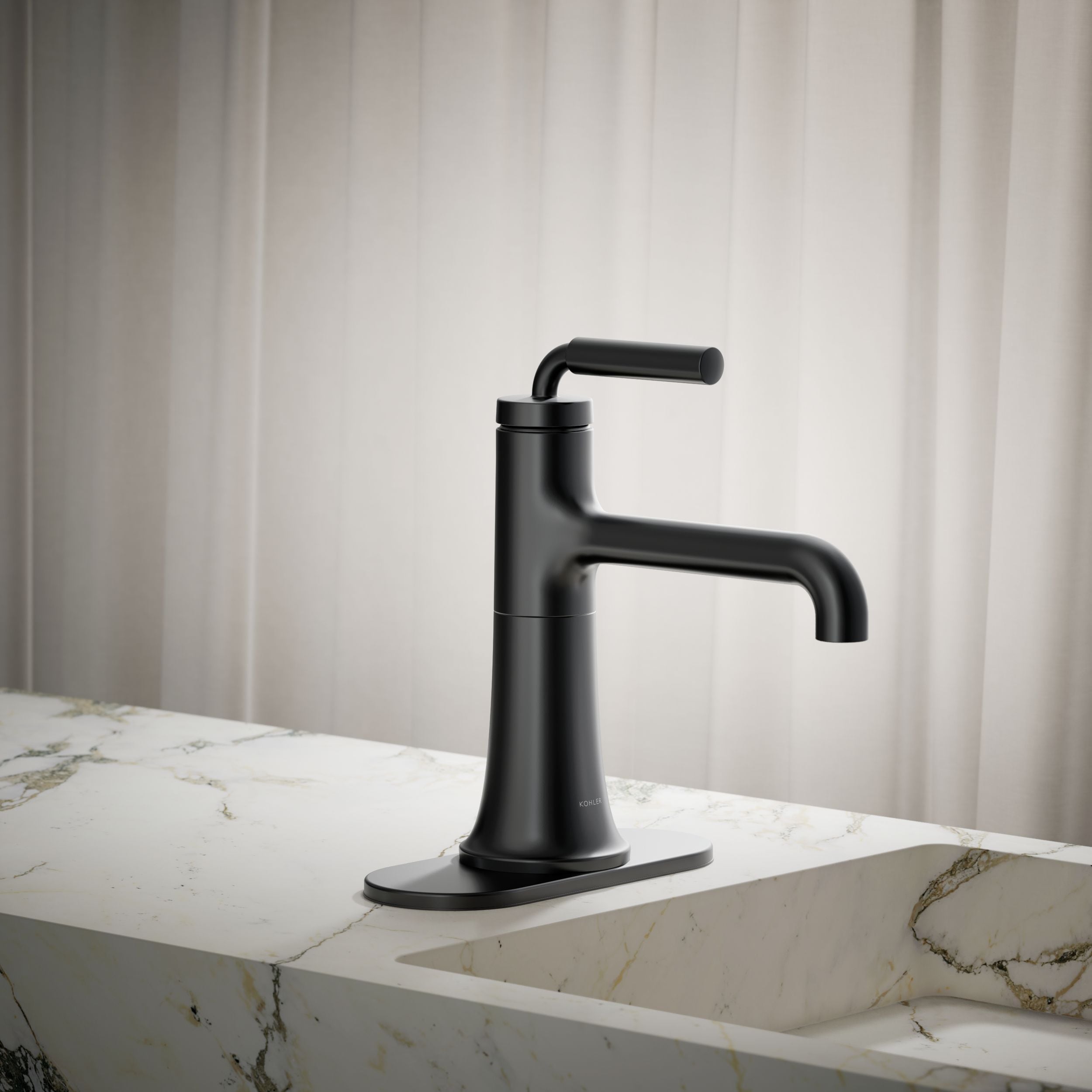 KOHLER 27415-4-BL Tone Matte Black Single hole 1-handle WaterSense Low-arc Residential Handle Bathroom Sink Faucet with Drain with Deck Plate