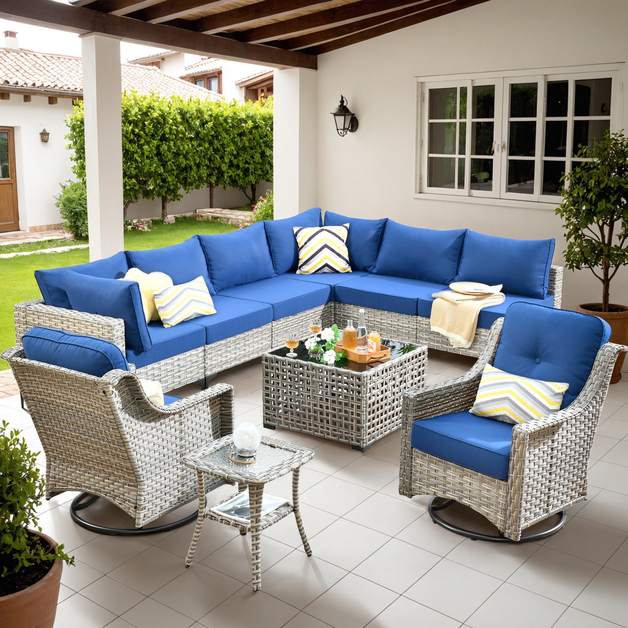 Caodoc L5-YZSKT710-1 YZSKT Wicker Outdoor Sofa with Blue Cushions and Wicker Frame