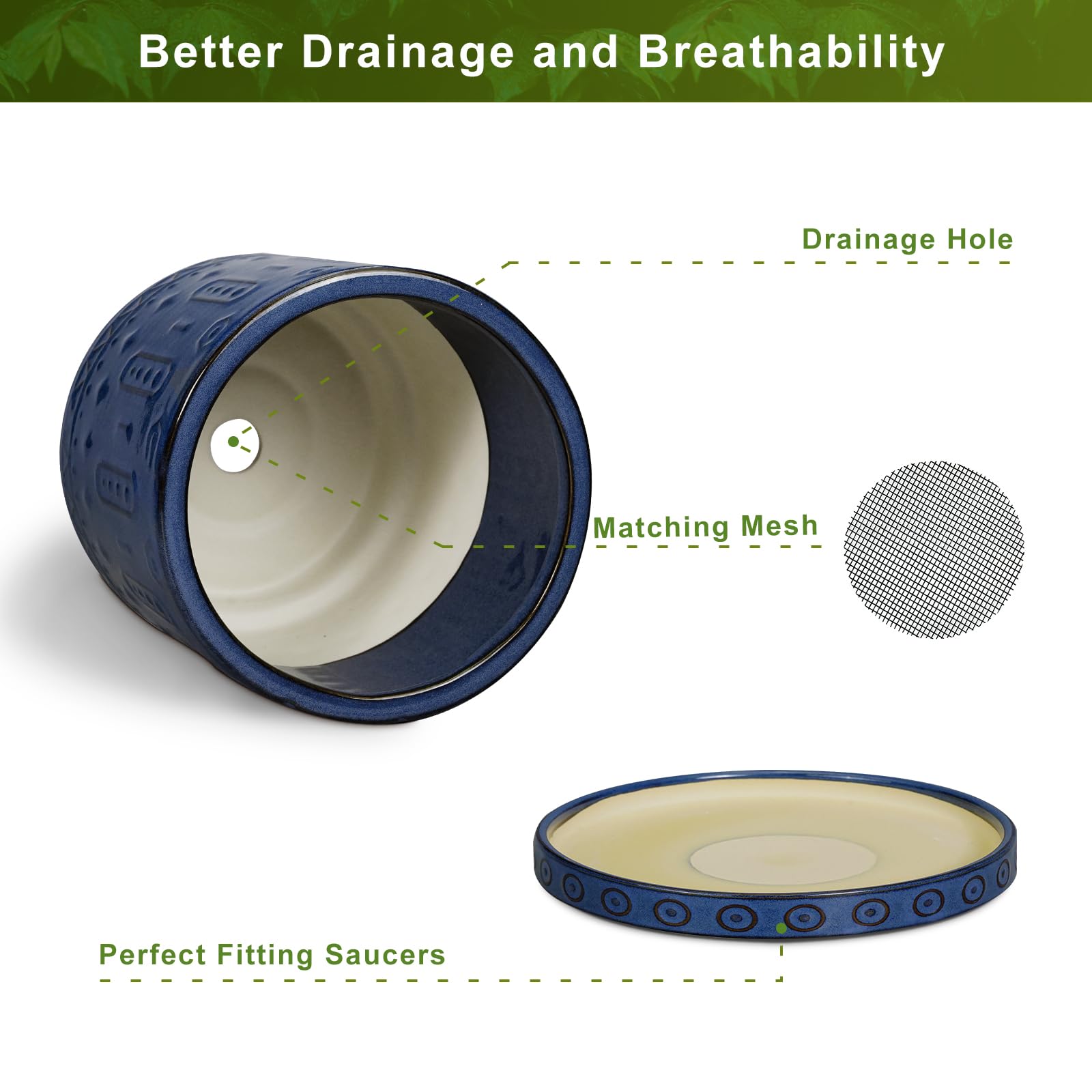 ITOPFOX 10 Inch Ceramic Plant Pot with Drainage Holes and Saucer