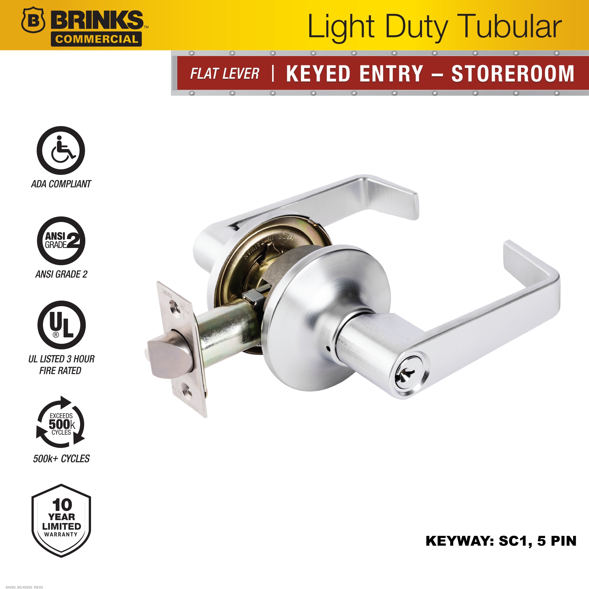 BRINKS COMMERCIAL Light Duty Commercial Lever Satin Chrome Interior or Exterior Hall/Closet Storeroom Door Handle