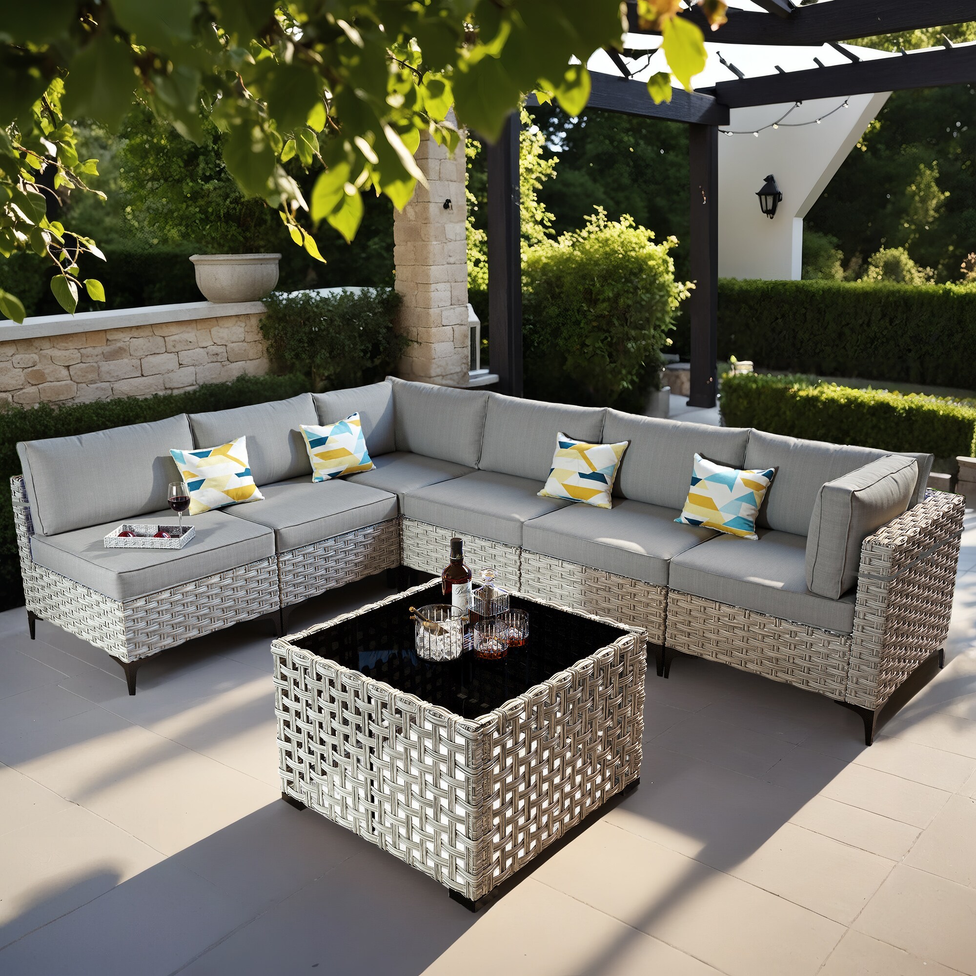 XIZZI XISKT203 Amber Rattan Outdoor Sectional with Dark gray Cushions and Steel Frame