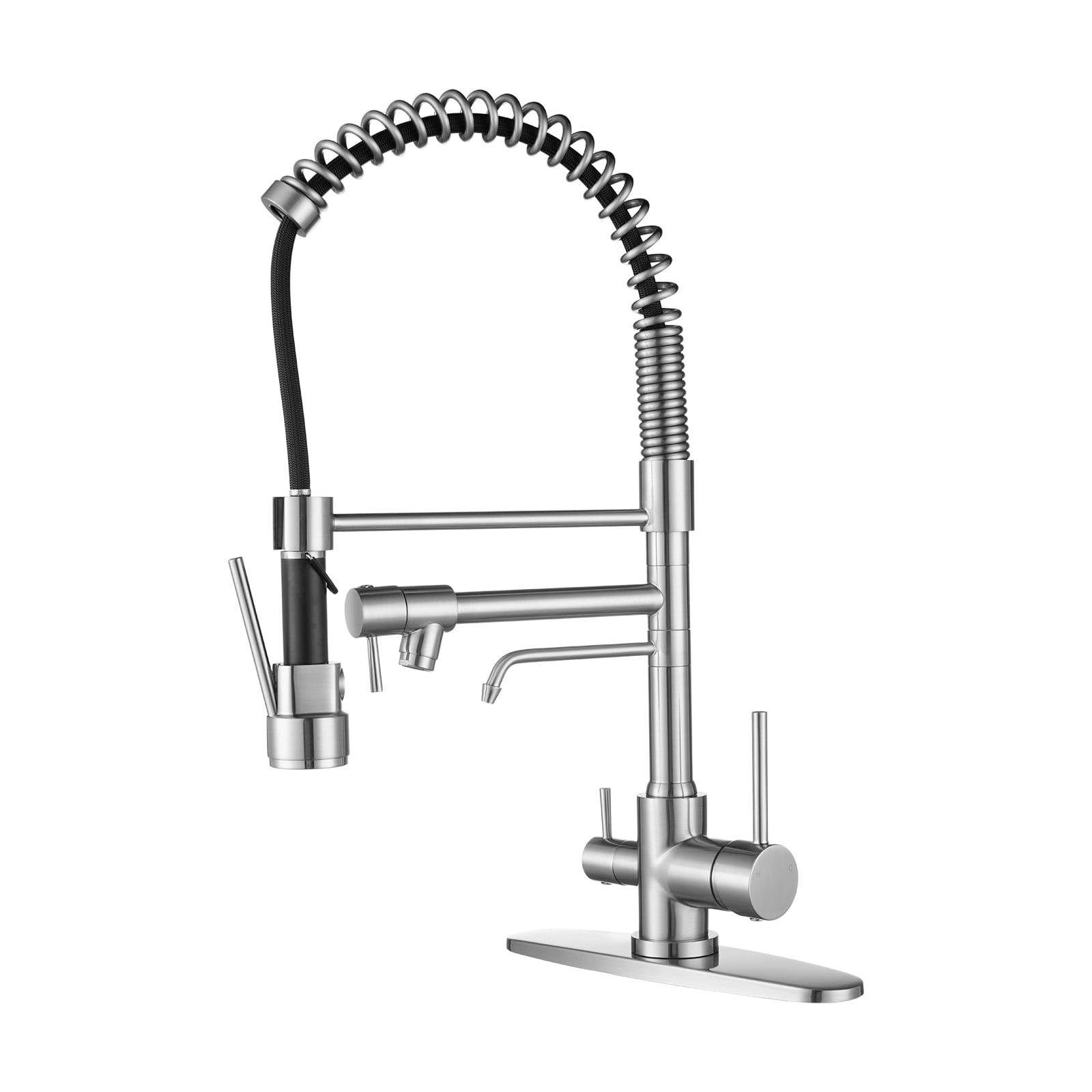 WOWOW 2317200 Brushed Nickel Double Handle Deck-mount Pull-down Kitchen Faucet with Sprayer ( Deck Plate Included )
